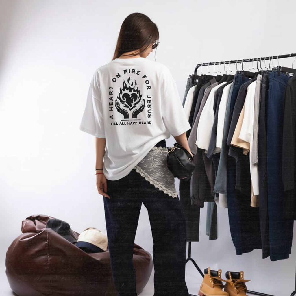 Camiseta Oversized A Heart On Fire For Jesus