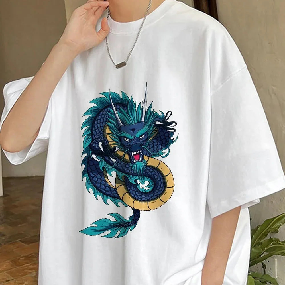 Camiseta Básica Unissex Dragon Print Japonêse - Branco