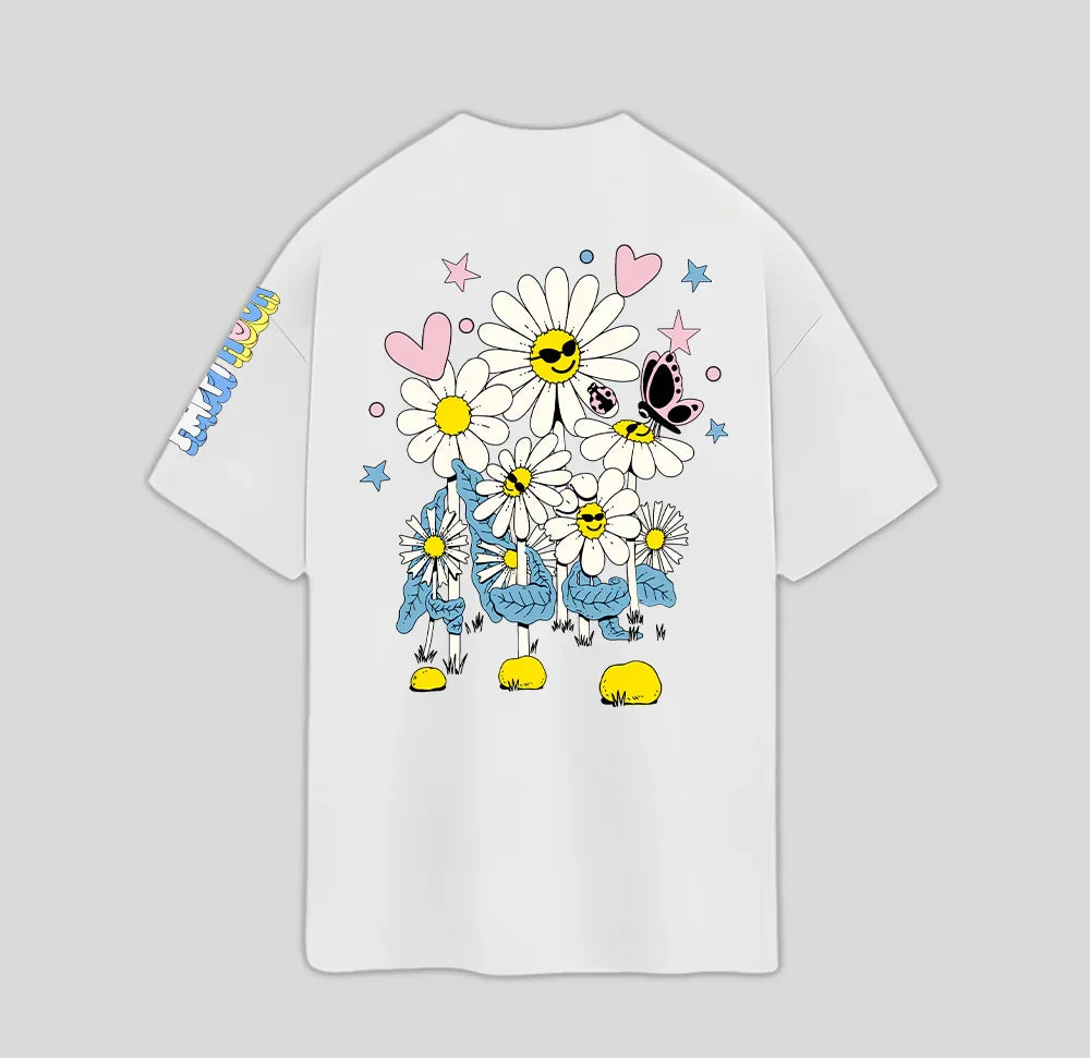 Camiseta Oversized Flor Happy Feliz Flower- branco