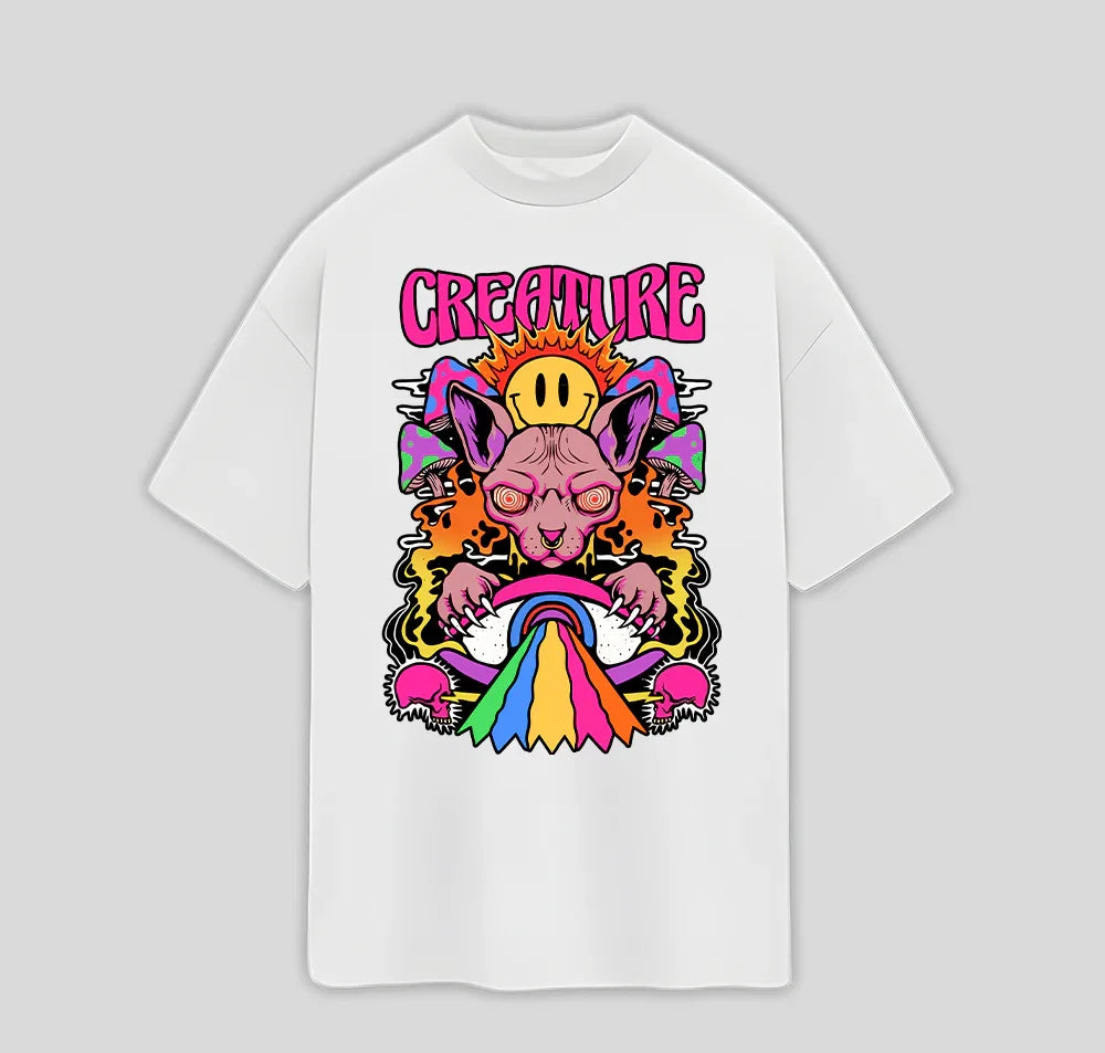 Camiseta Oversized Gato Sphinx Psicodélico- branco