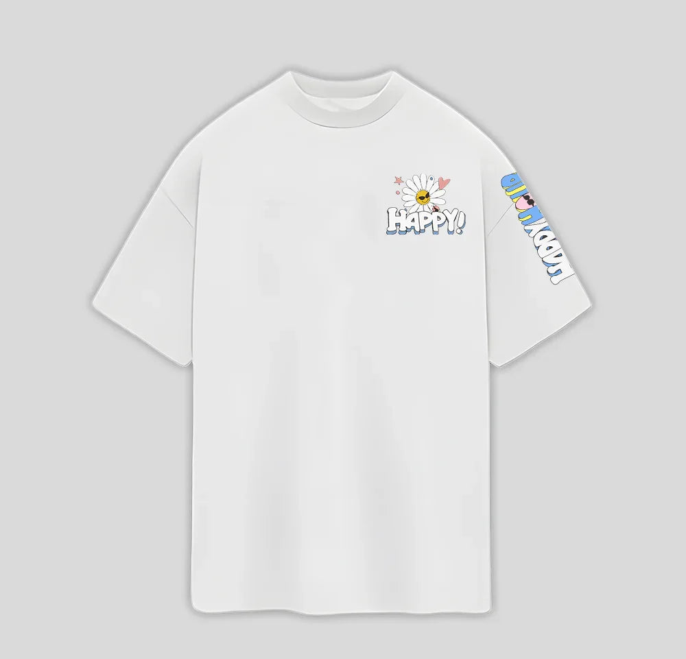 Camiseta Oversized Flor Happy Feliz Flower- branco