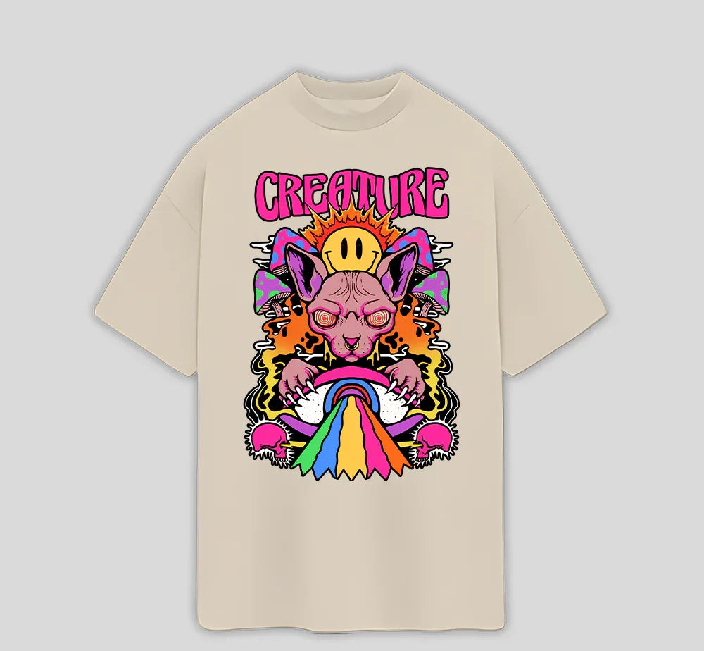 Camiseta Oversized Gato Sphinx Psicodélico- pérola
