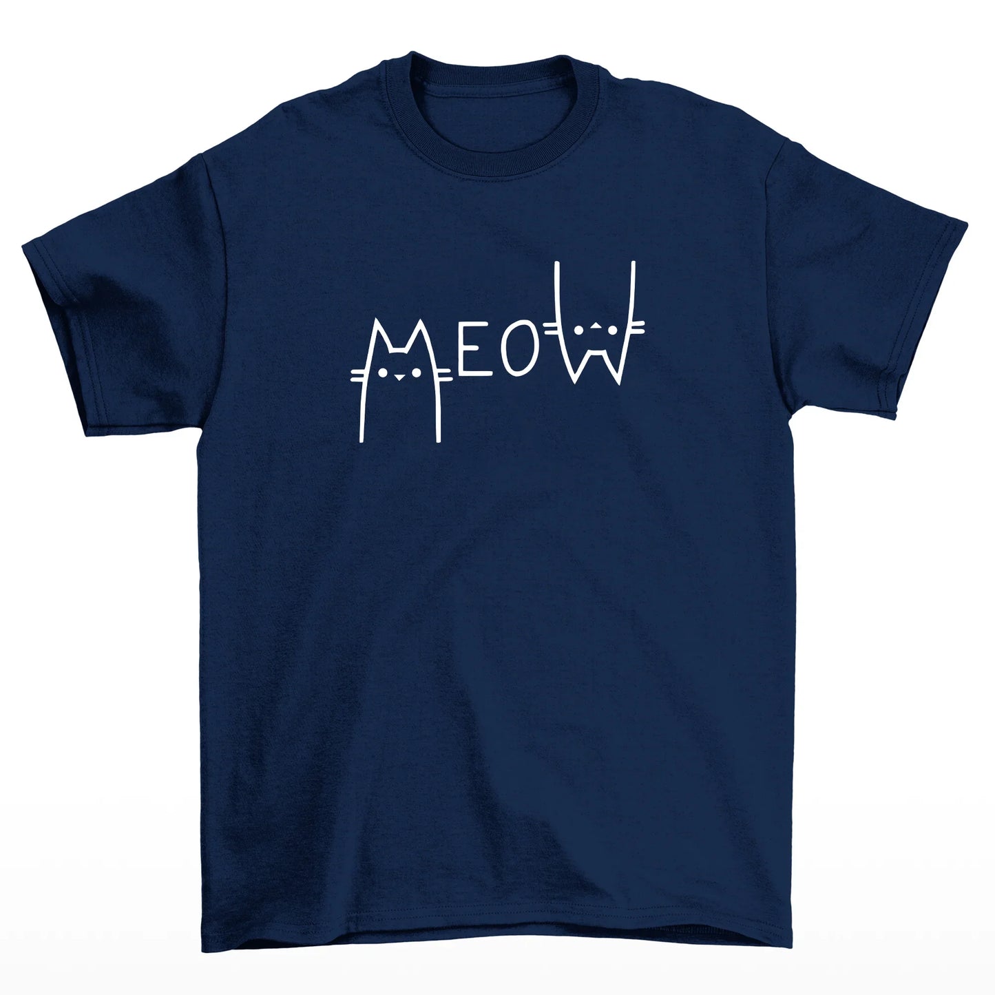 Camiseta Básica Unissex Com Estampa De Gatinho- Azul-marinho