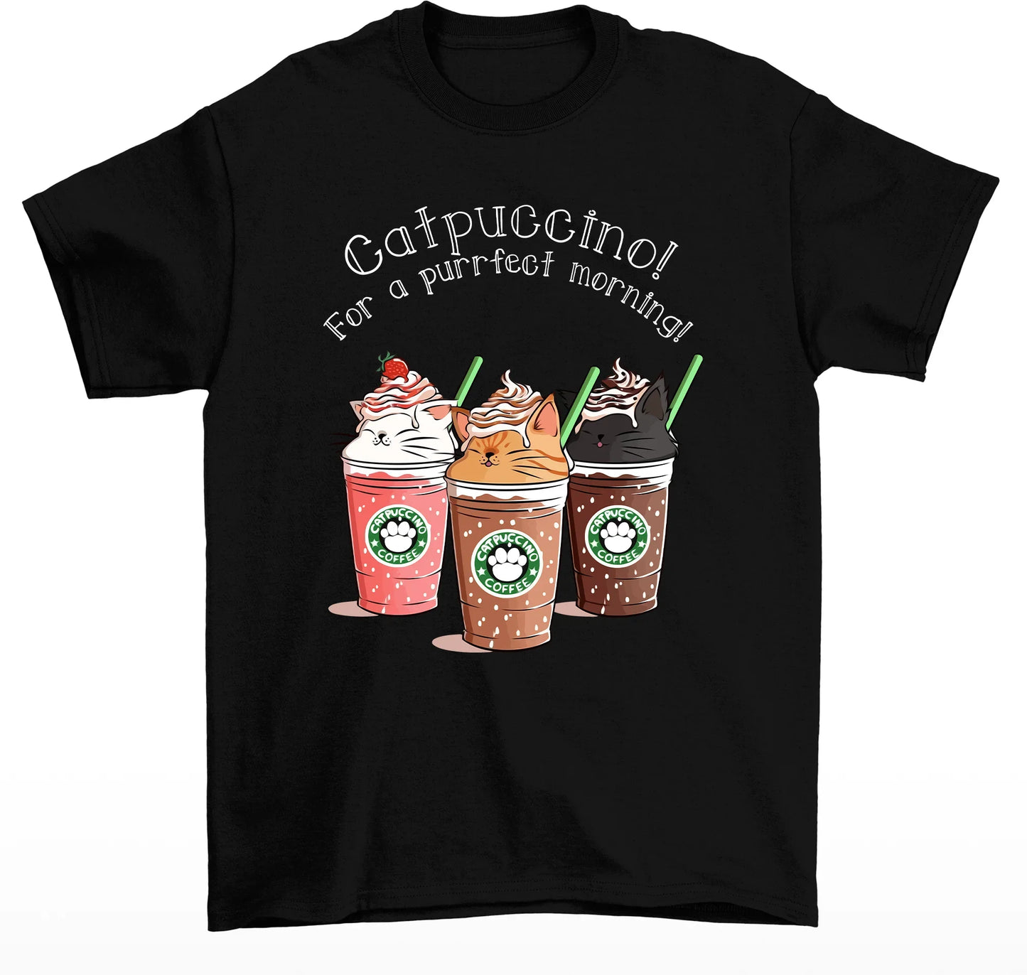 Camiseta feminina de estampa Copo de café com gatos- Preto