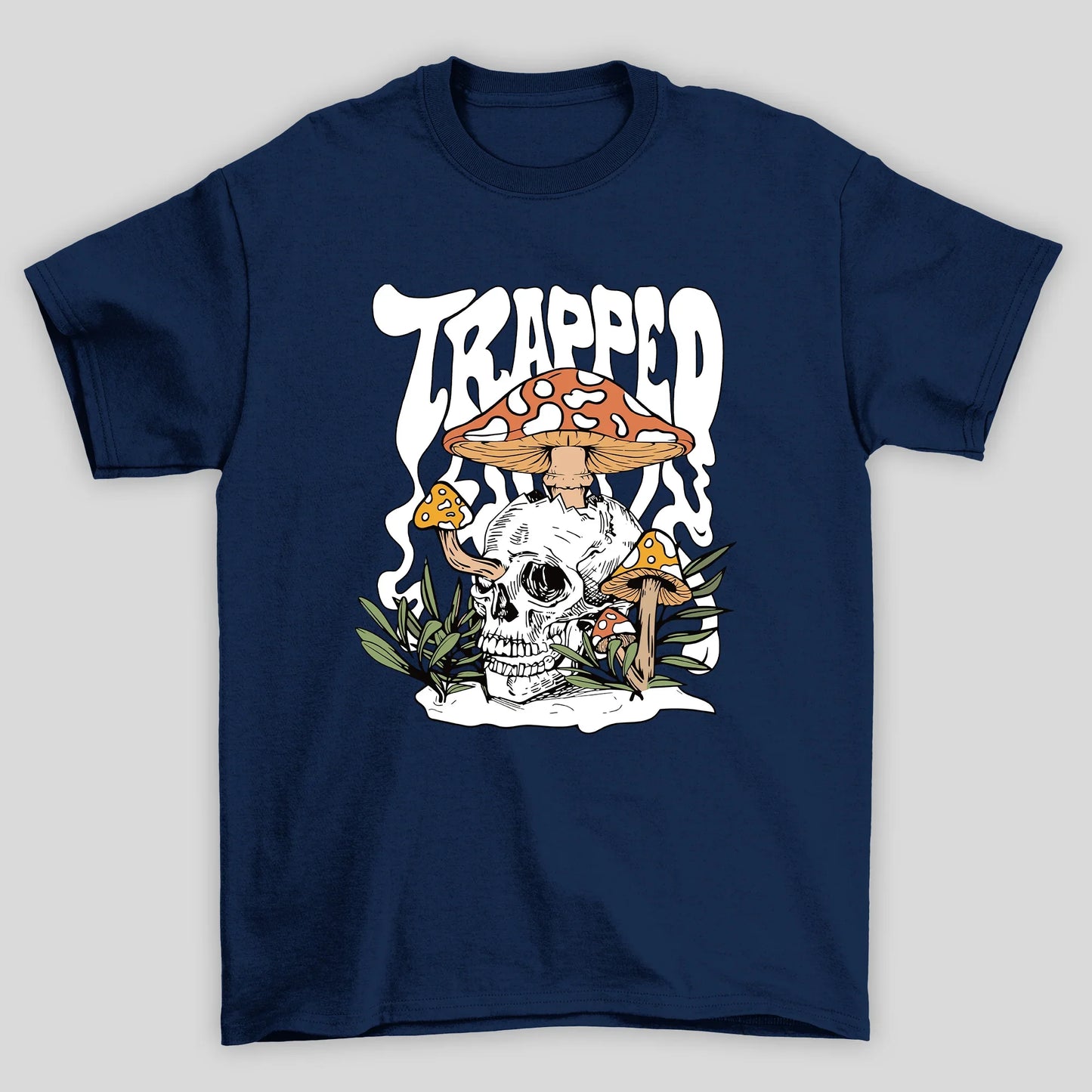 Camiseta Básica Azul Marinho Trapped Caveira Cogumelos Mágicos