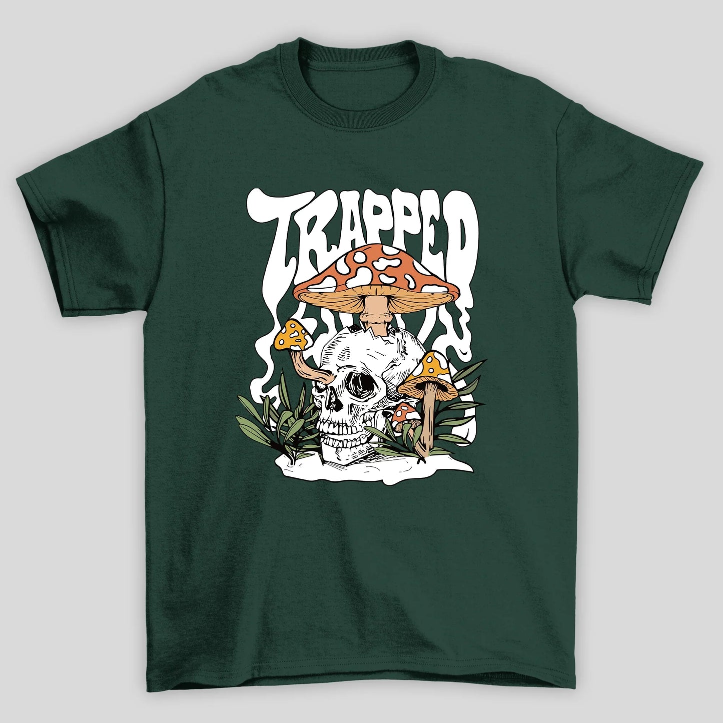 Camiseta Básica Verde Trapped Caveira Cogumelos Mágicos