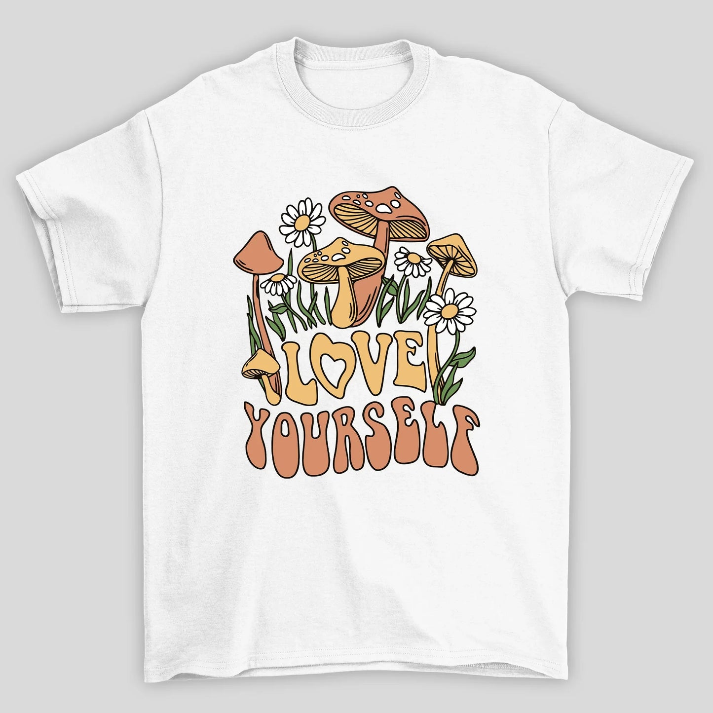 Camiseta Básica Love Yourself Cogumelos Mágicos - BRANCO
