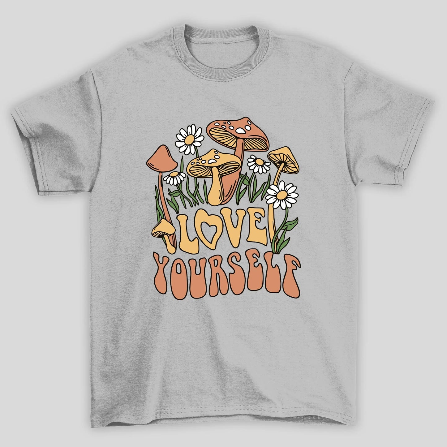 Camiseta Básica Love Yourself Cogumelos Mágicos - CINZA