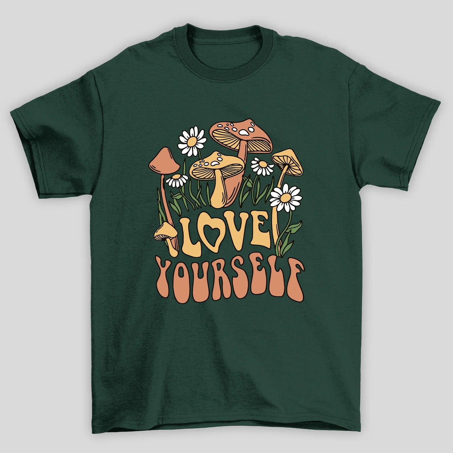 Camiseta Básica Love Yourself Cogumelos Mágicos - VERDE