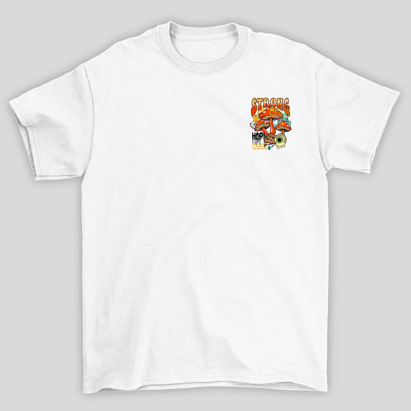 Camiseta Básica Branca Strong Cogumelos Mágico