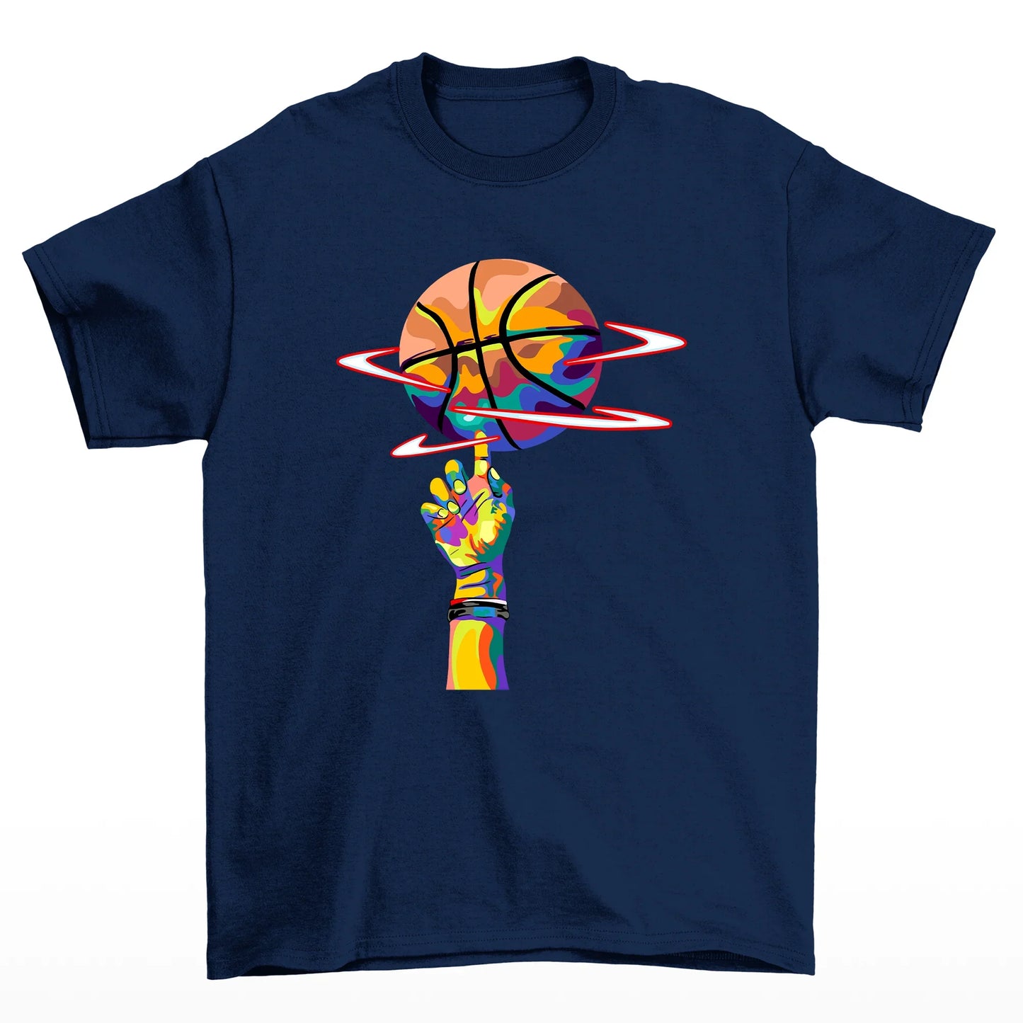 camiseta básica com estampa de dedo girando bola basquete colorido - azul marinho