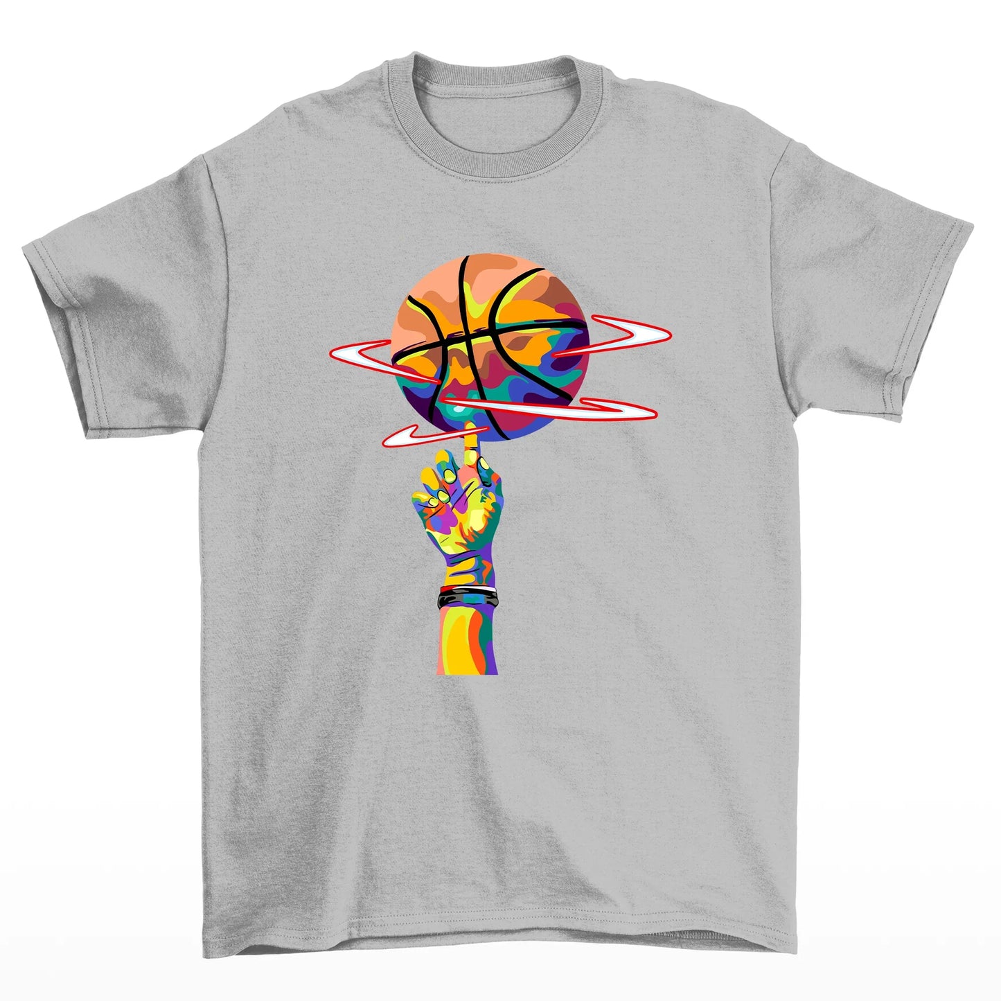 camiseta básica cinza com estampa de dedo girando bola basquete colorido - Cinza
