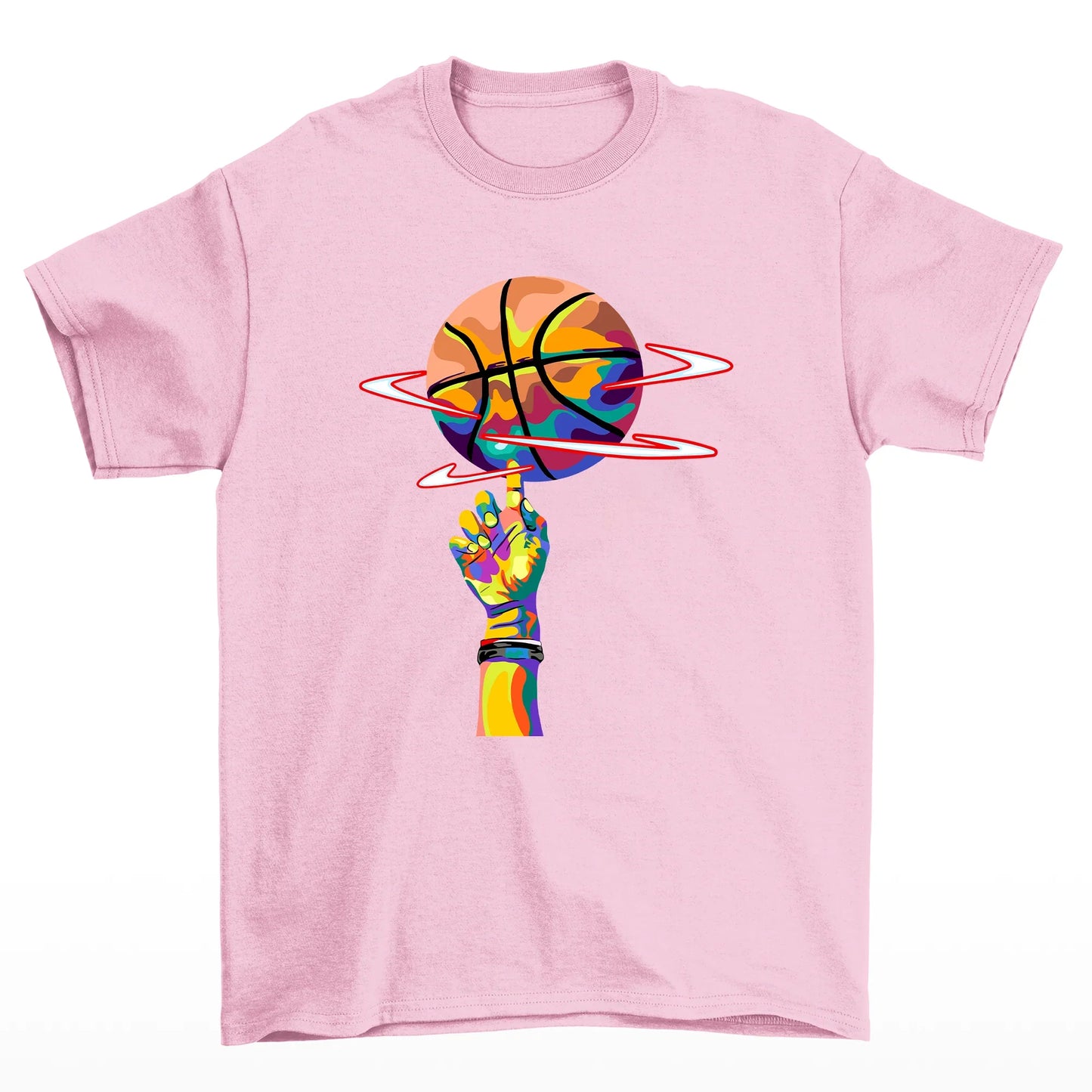 camiseta básica rosa bebê com estampa de dedo girando bola basquete colorido - Rosa bebê