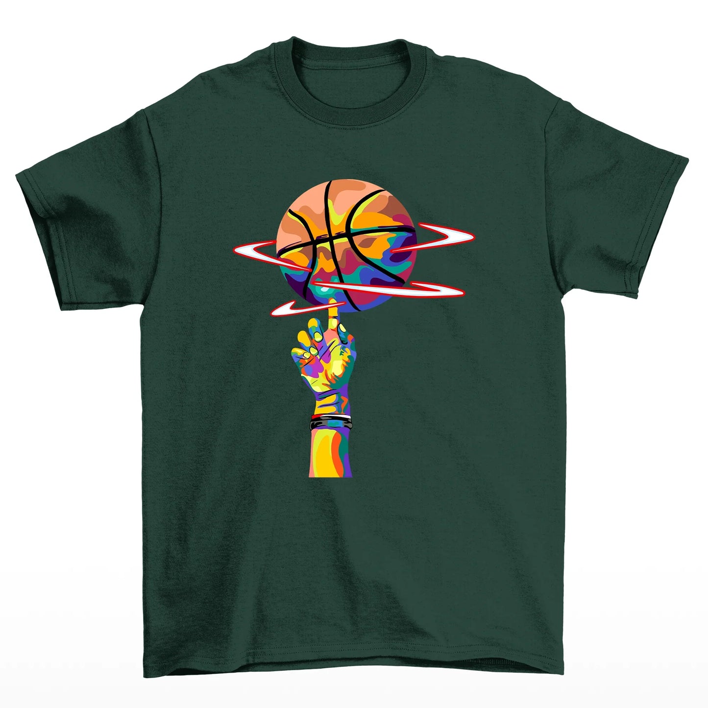 camiseta básica verde com estampa de dedo girando bola basquete colorido - Verde