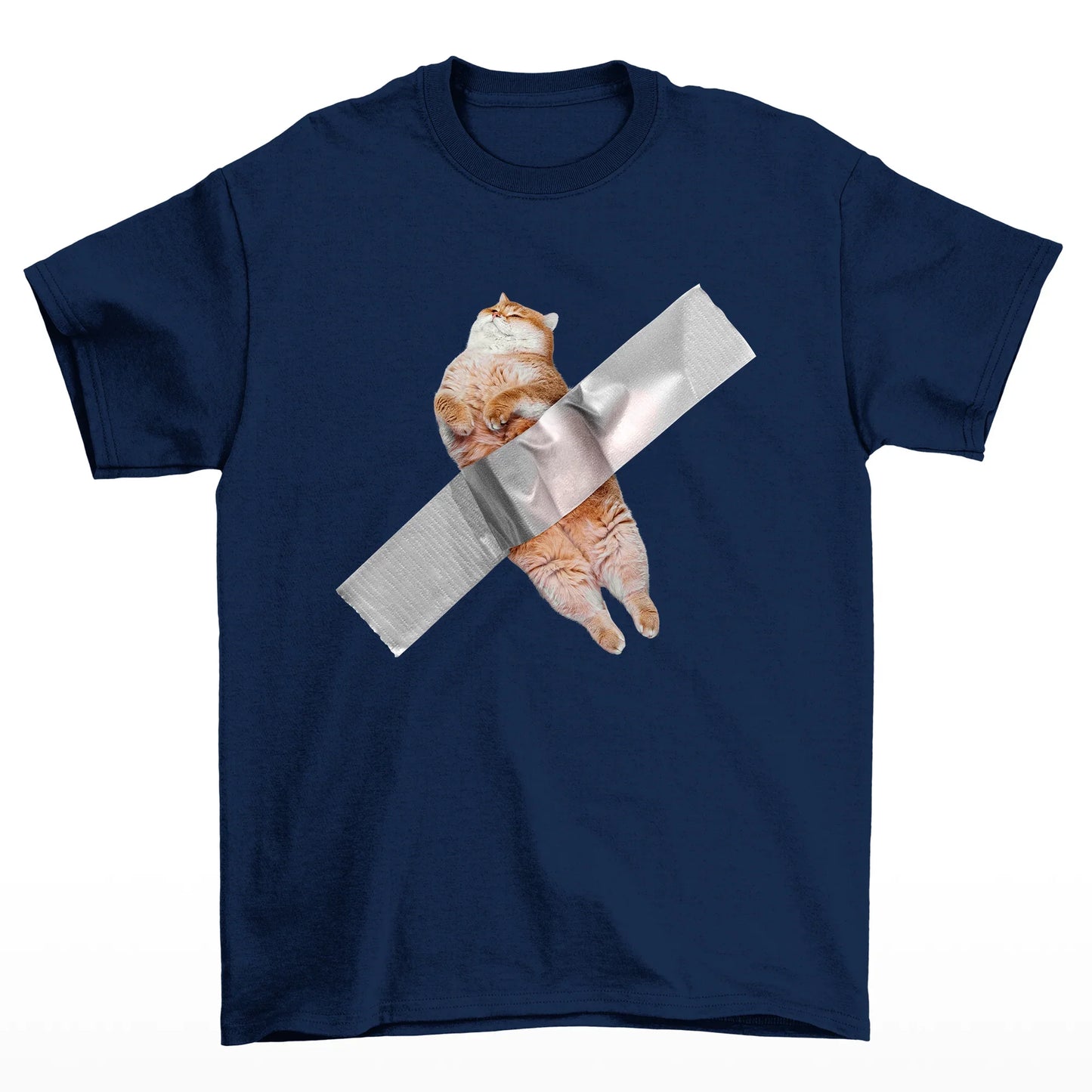 Camiseta Básica Unissex Com Estampa Gatinho Preso Na Fita- AZUL-MARINHO