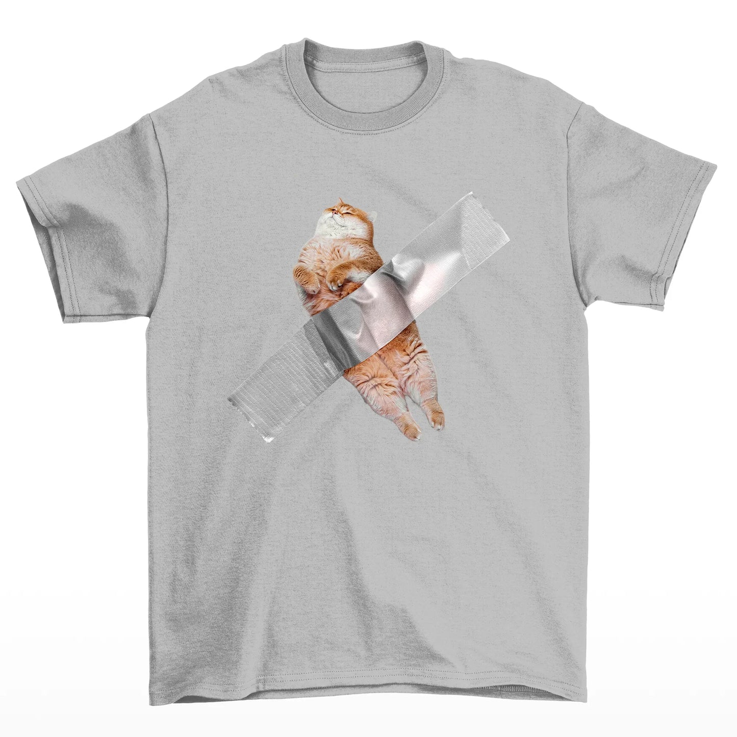 Camiseta Básica Unissex Com Estampa Gatinho Preso Na Fita- CINZA