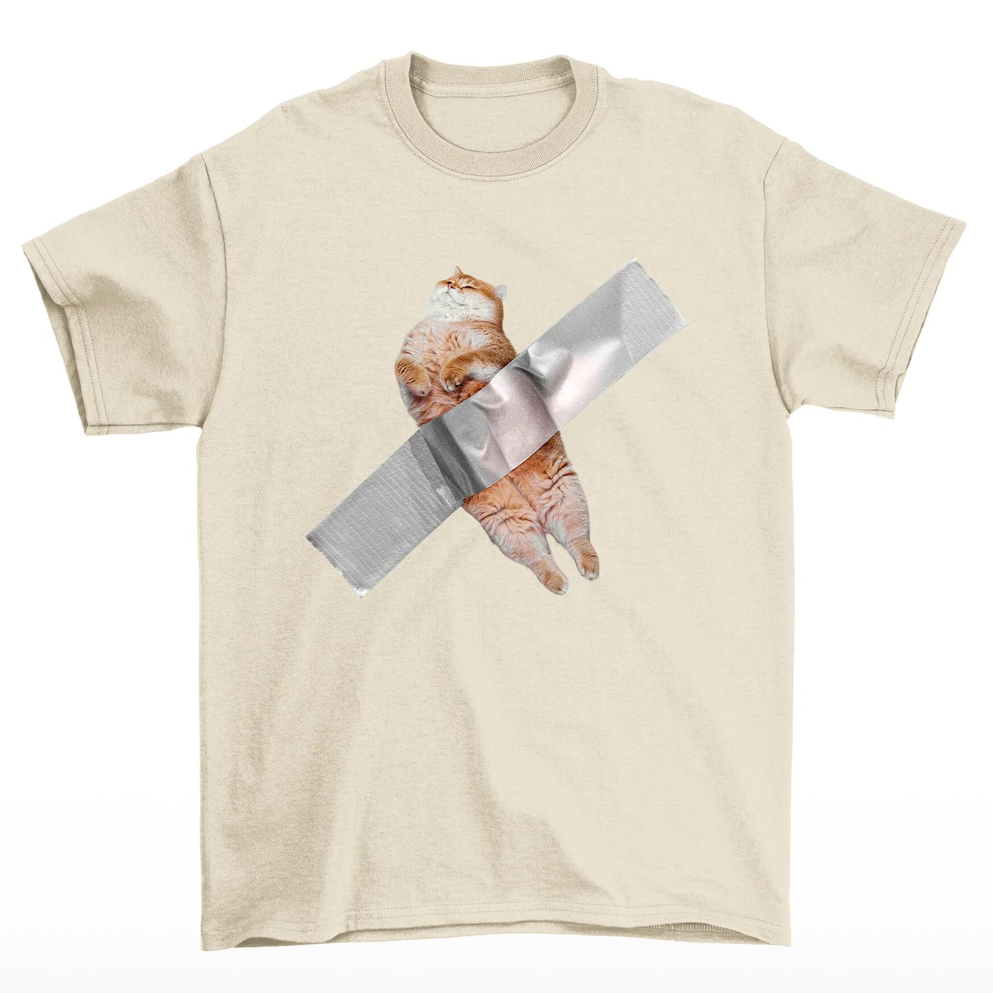 Camiseta Básica Unissex Com Estampa Gatinho Preso Na Fita- PÉROLA