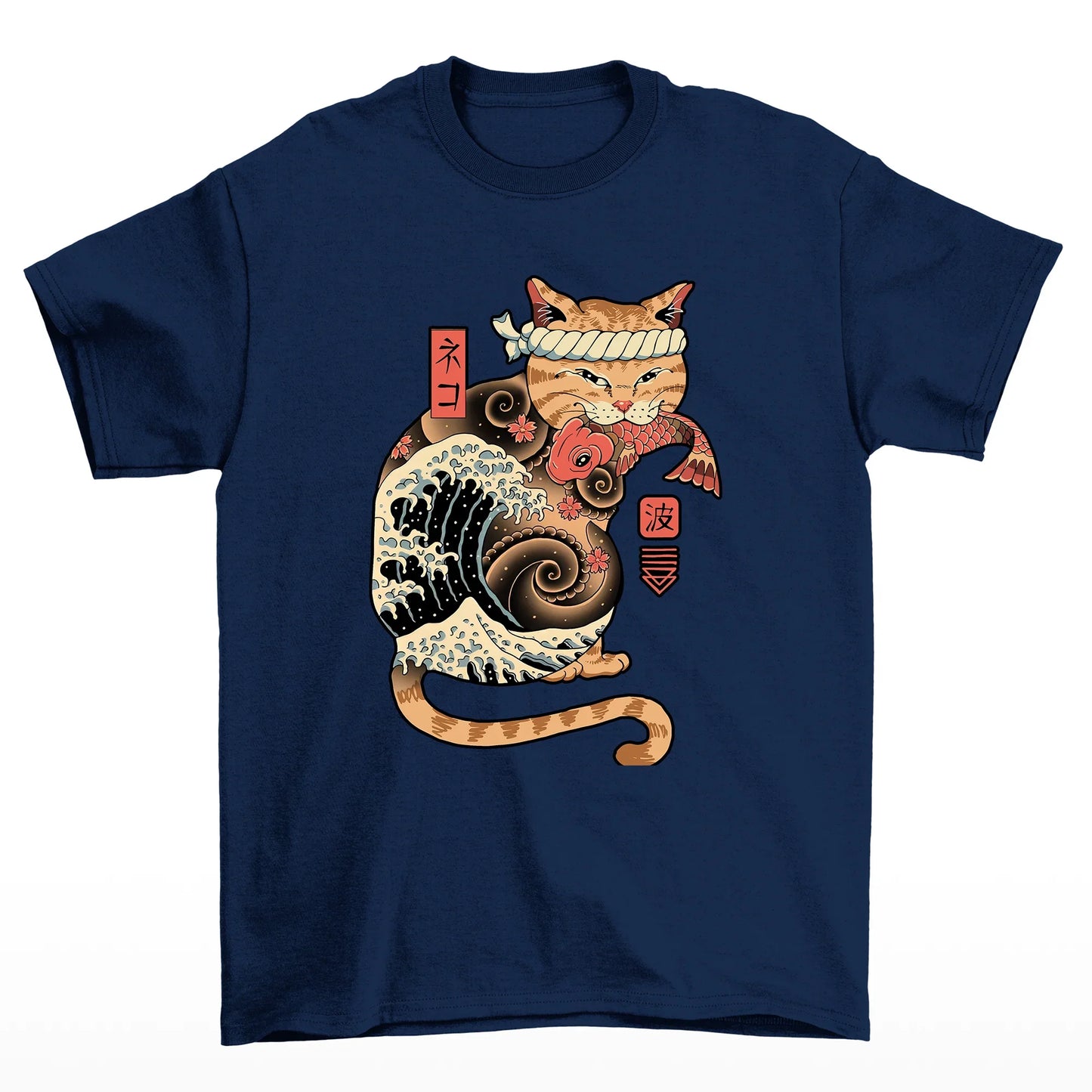 Camiseta Básica Unissex Com Estampa Gato Japonês Comendo Peixe- AZUL-MARINHO