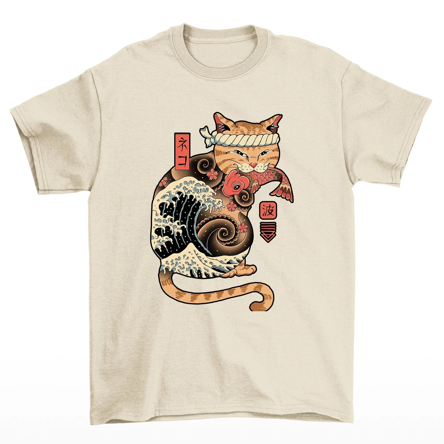 Camiseta Básica Unissex Com Estampa Gato Japonês Comendo Peixe- PÉROLA