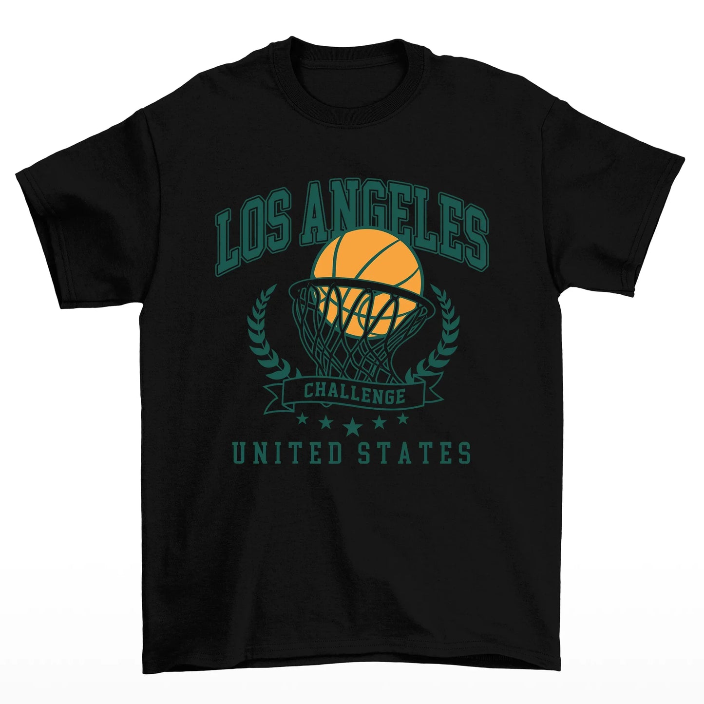 camiseta básica preta com estampa de bola na cesta basquete los angeles - Preto