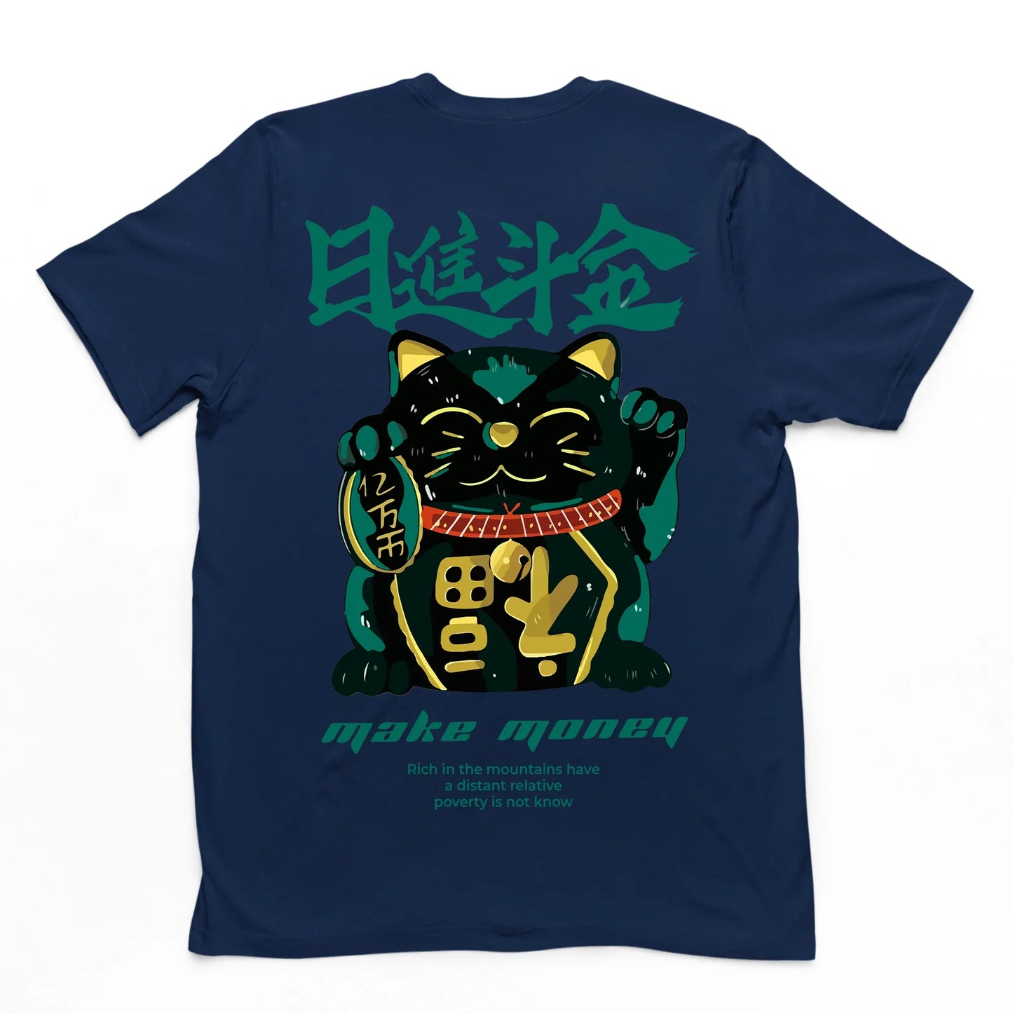 Camiseta Básica Com Estampa Gatinho Preto Segurando Moeda- Azul-marinho