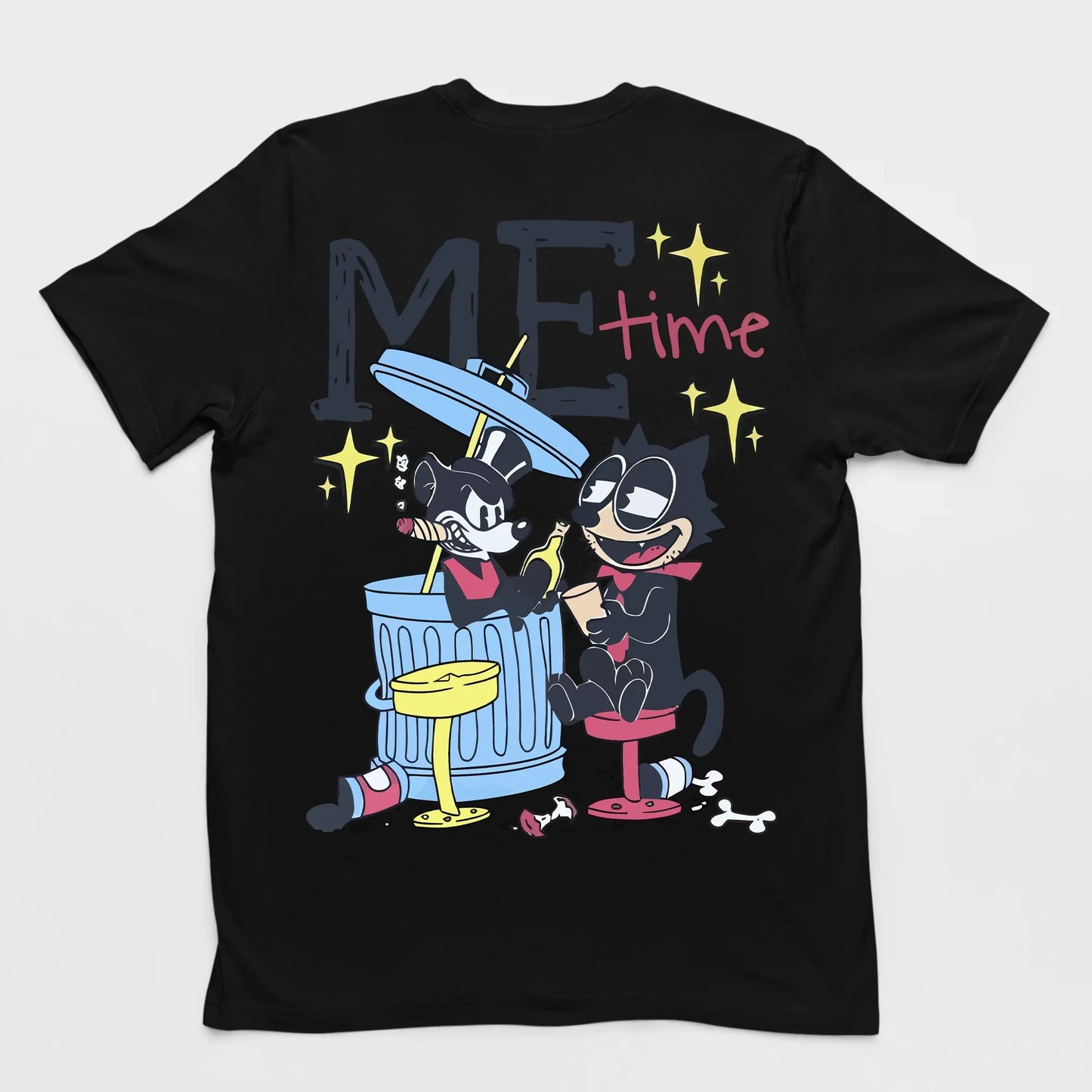 camiseta básica gato E Rato bebendo no lixo- Preto