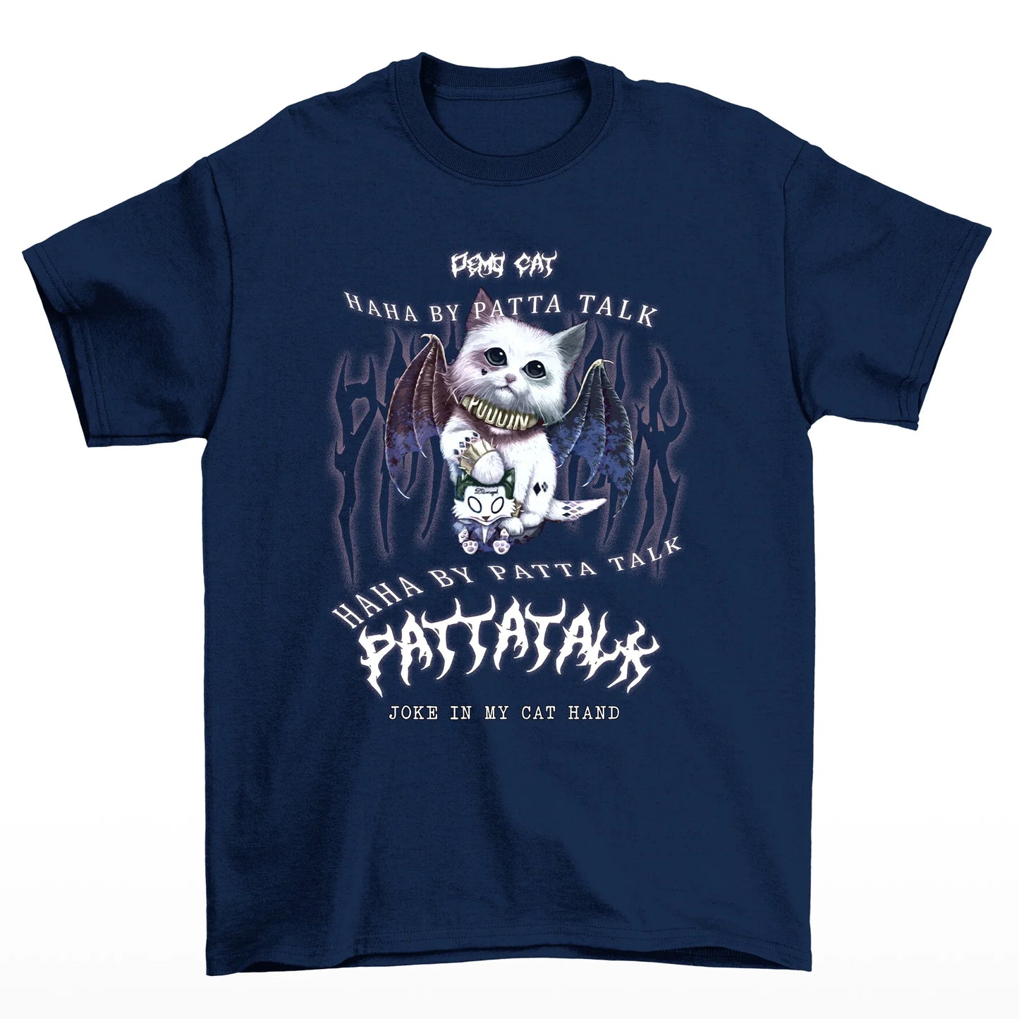 Camiseta Básica Com Estampa Gatinho Morcego Gótico- Azul-marinho