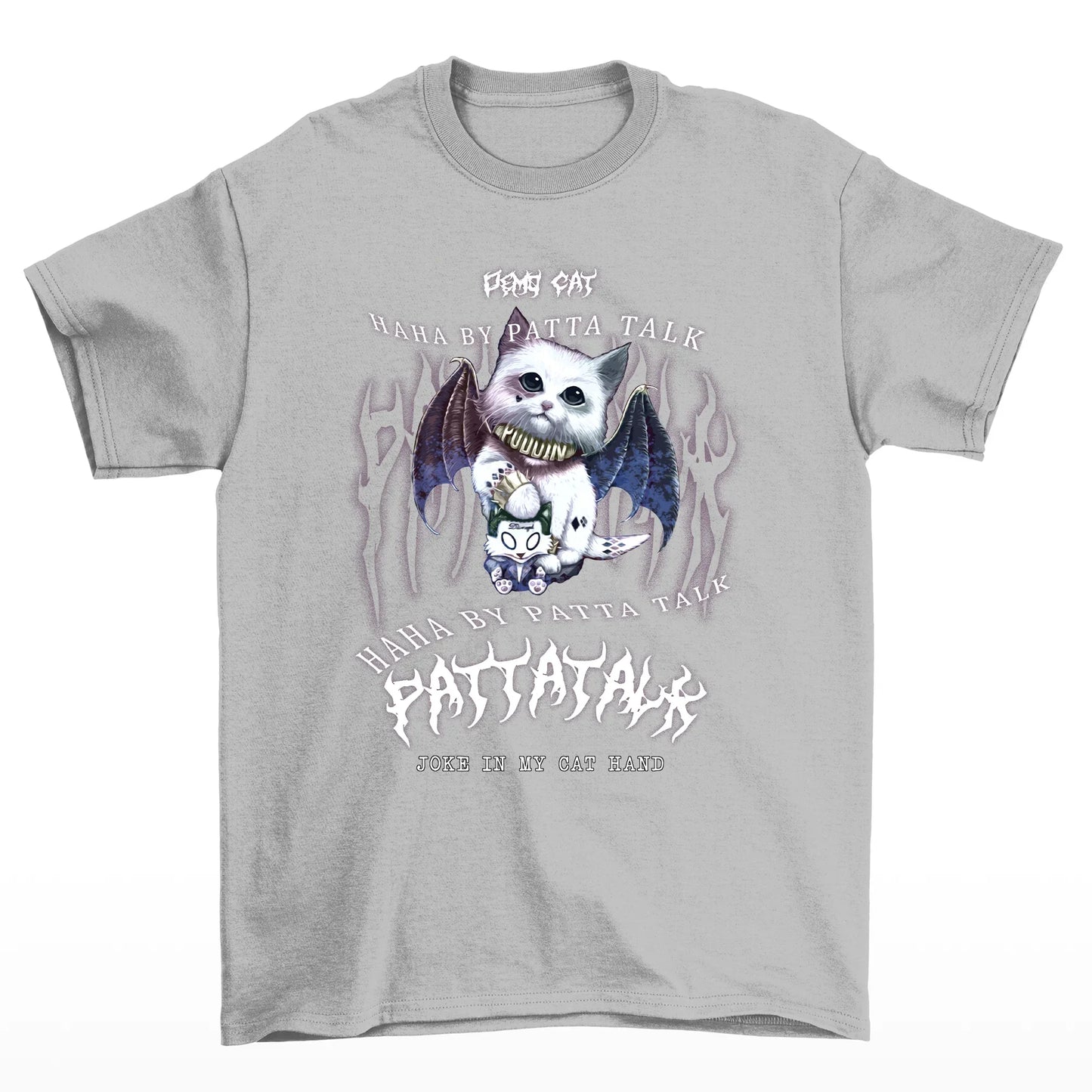 Camiseta Básica Com Estampa Gatinho Morcego Gótico- Cinza