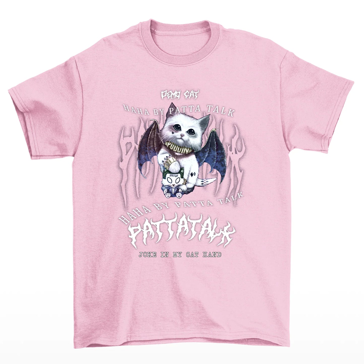 Camiseta Básica Com Estampa Gatinho Morcego Gótico- Rosa bebe