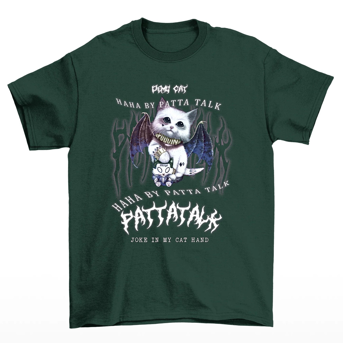 Camiseta Básica Com Estampa Gatinho Morcego Gótico- Verde