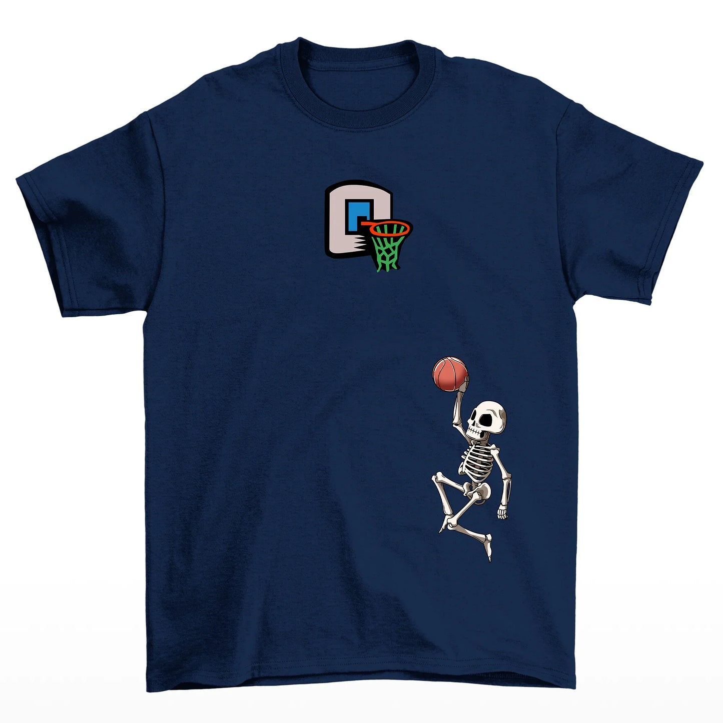 camiseta básica com estampa de esqueleto jogando - basquete -azul marinho