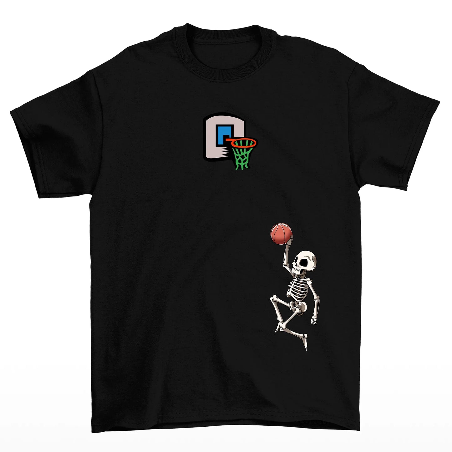 camiseta básica com estampa de esqueleto jogando basquete - preto