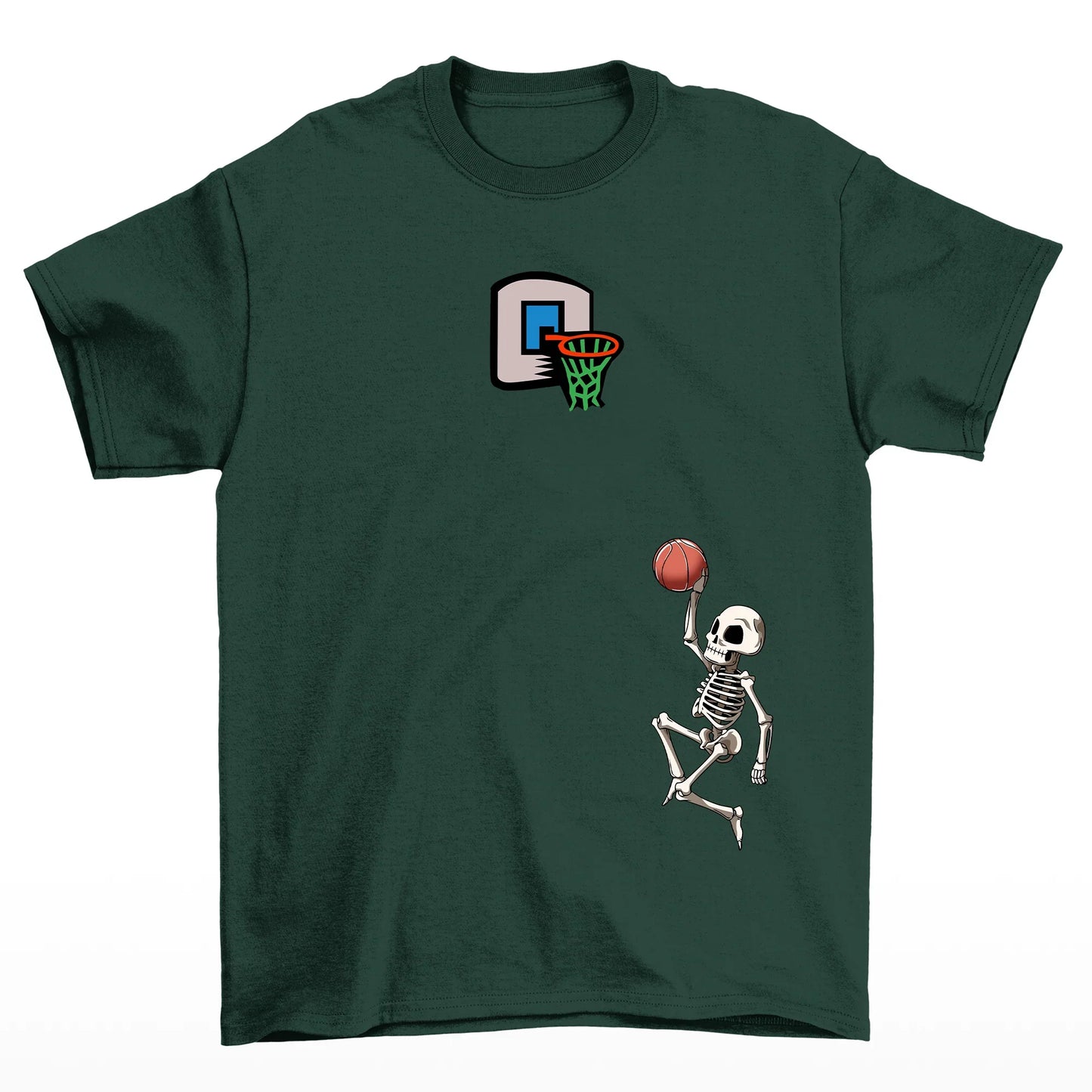 camiseta básica com estampa de esqueleto jogando basquete - verde