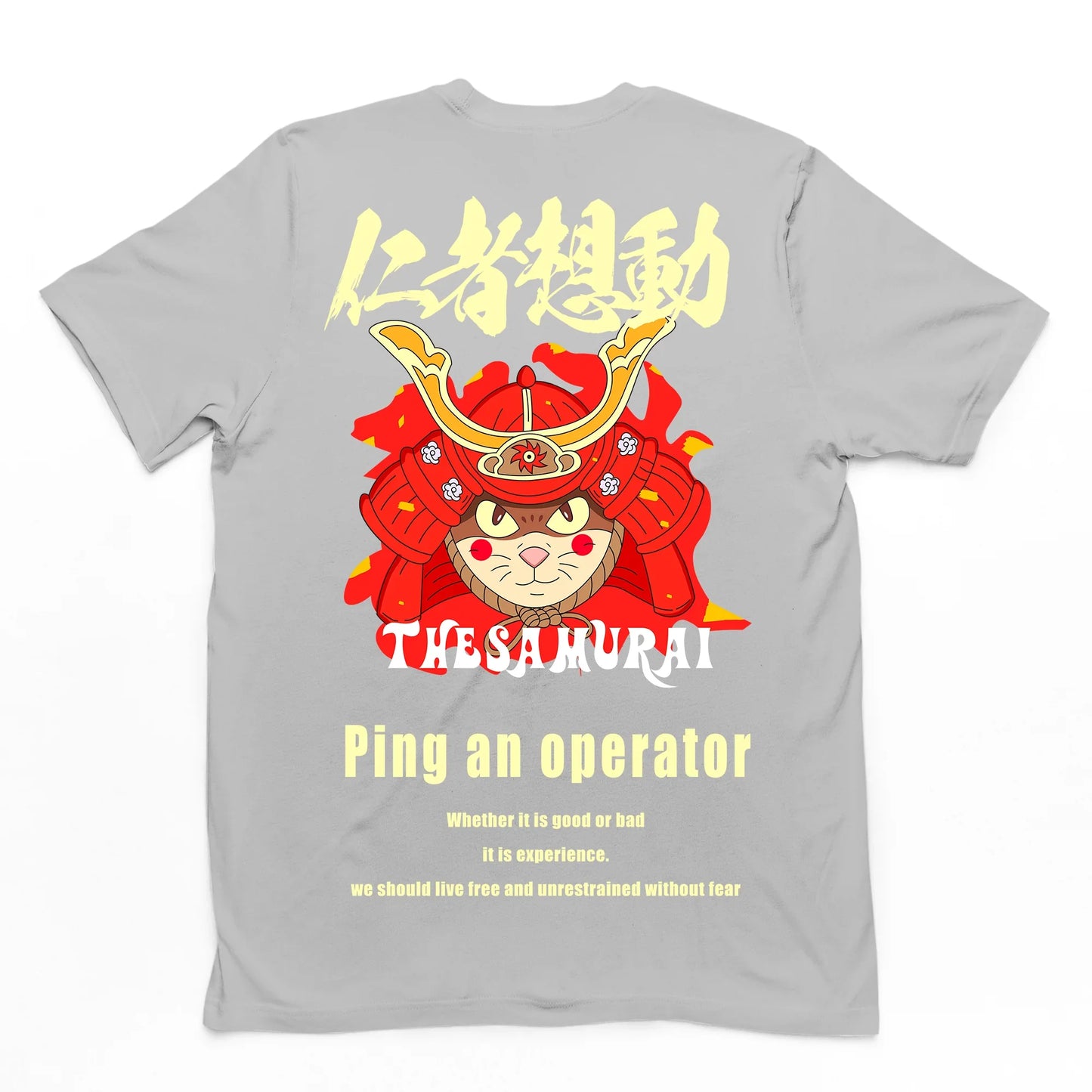 CAmiseta Básica Com Estampa Gatinho Samurai- Cinza