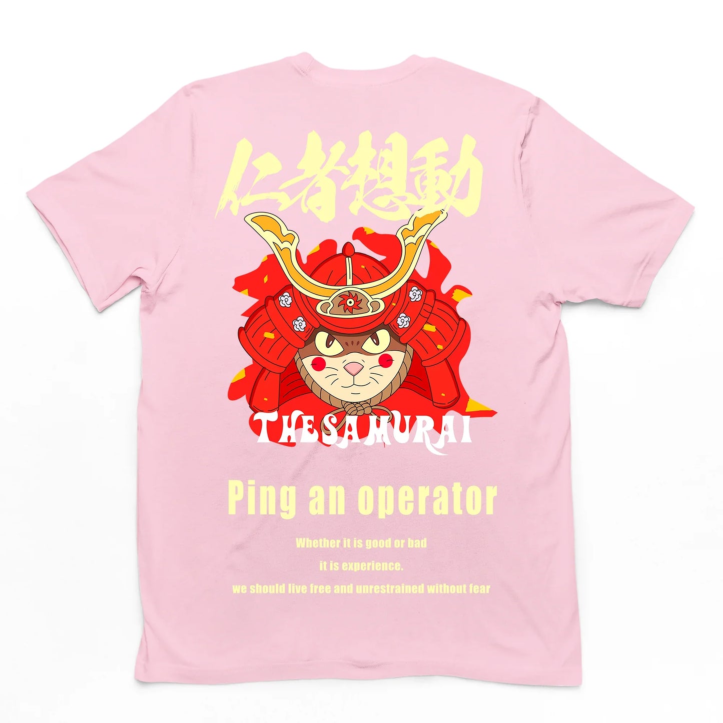 CAmiseta Básica Com Estampa Gatinho Samurai- Rosa bebe