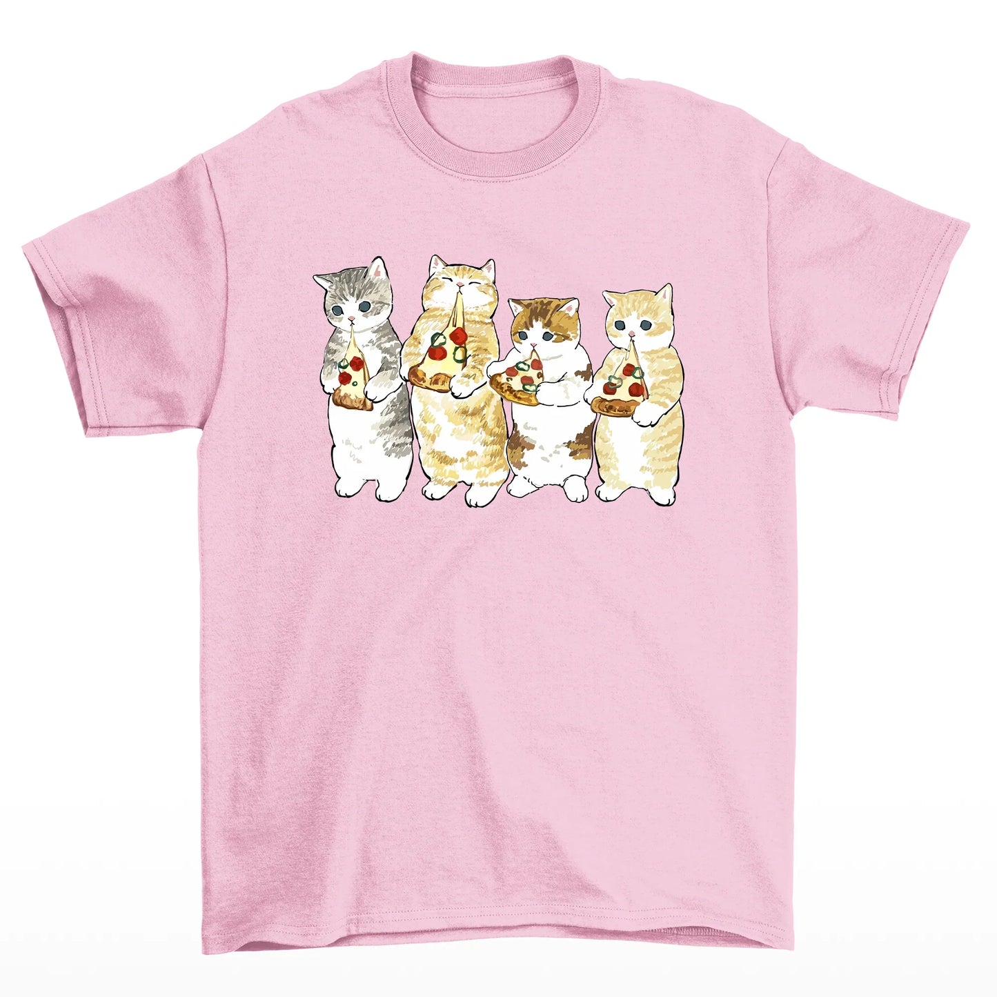 Camiseta Básica Com Estampa Gatinhos Comendo Pizza- Rosa bebe