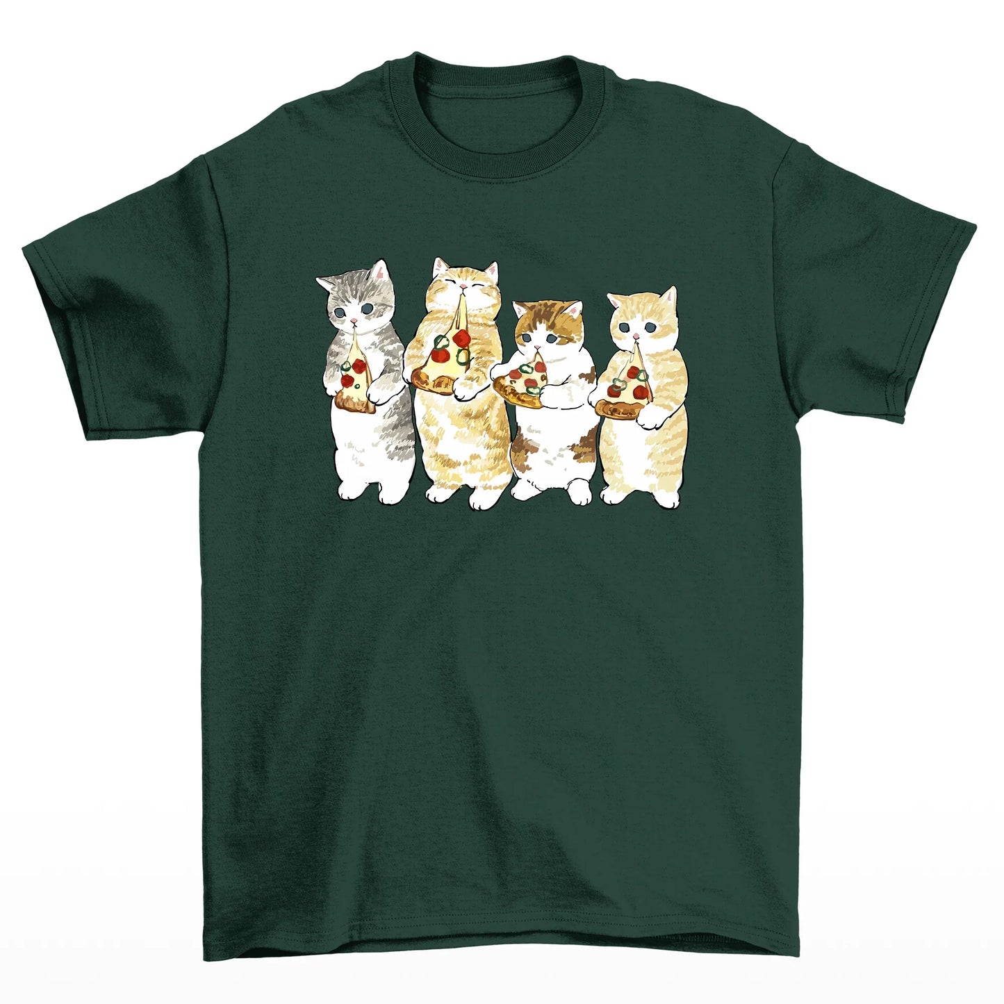Camiseta Básica Com Estampa Gatinhos Comendo Pizza- Verde
