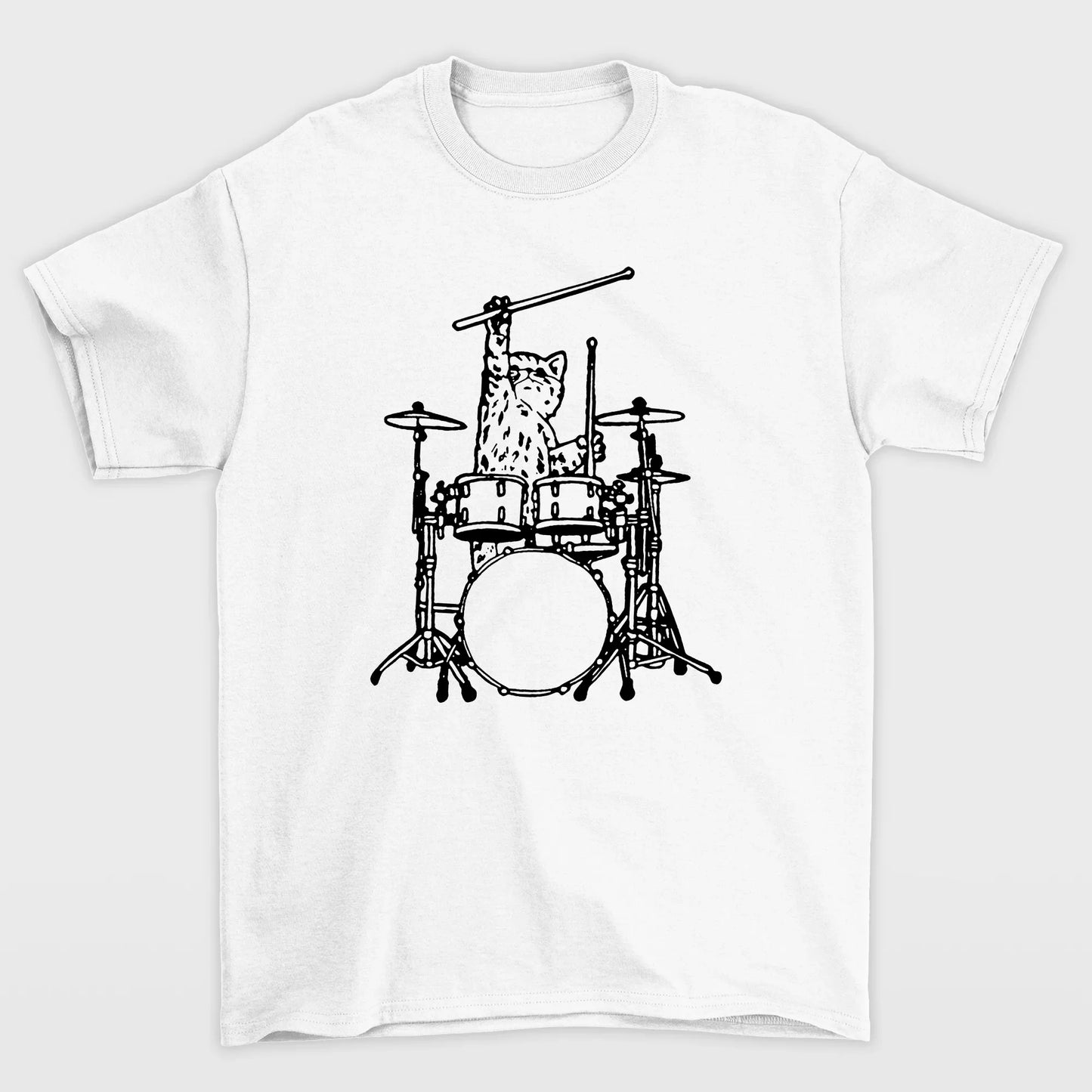 camiseta básica com estampa gatinho baterista- Branco