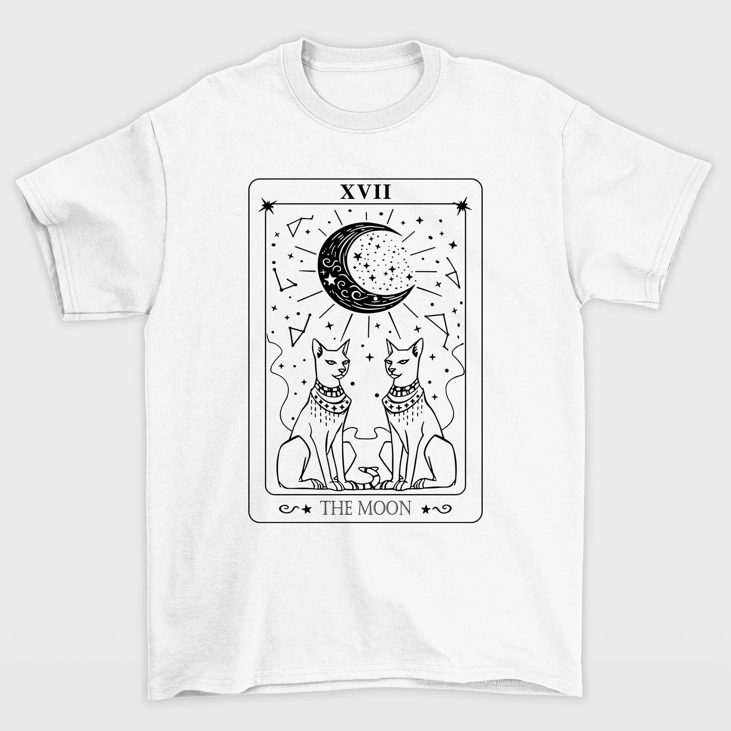 Camiseta Básica Feminina Com Estampa Carta Tarô Gatos Na Lua- BRANCO