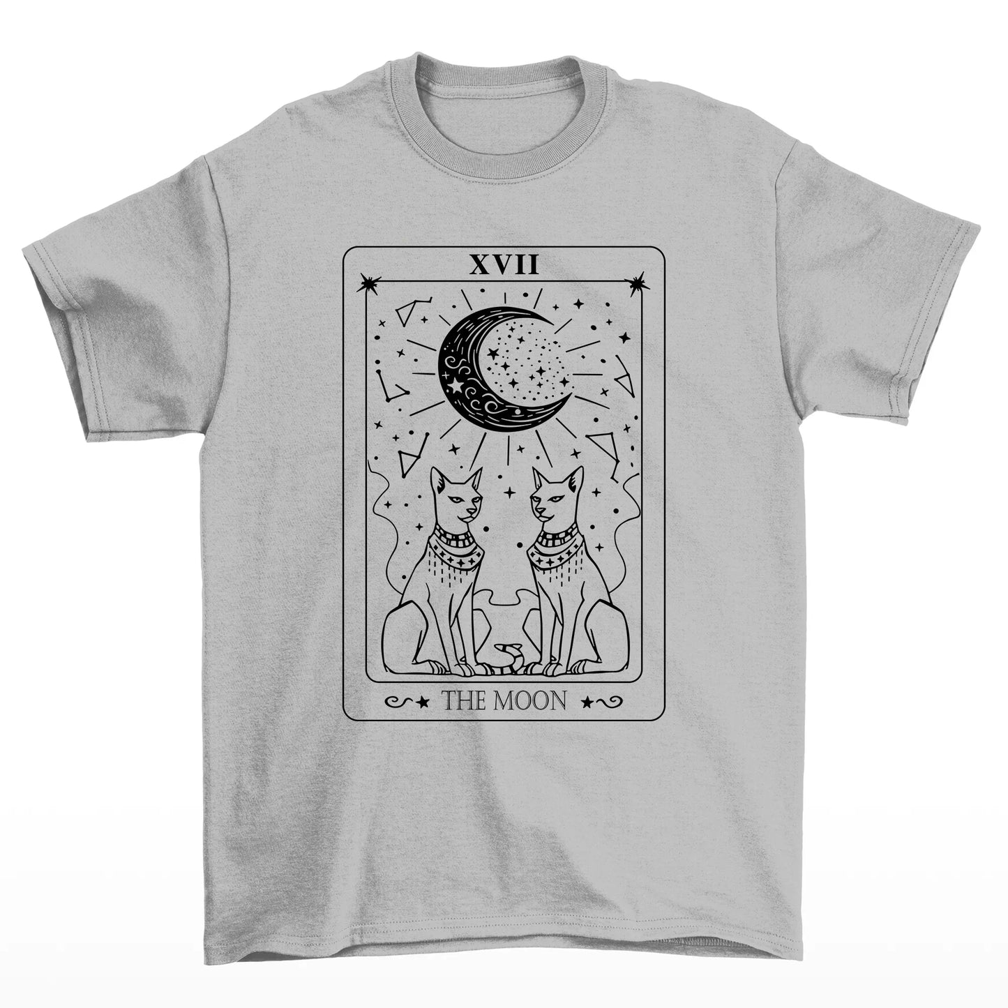 Camiseta Básica Feminina Com Estampa Carta Tarô Gatos Na Lua- CINZA