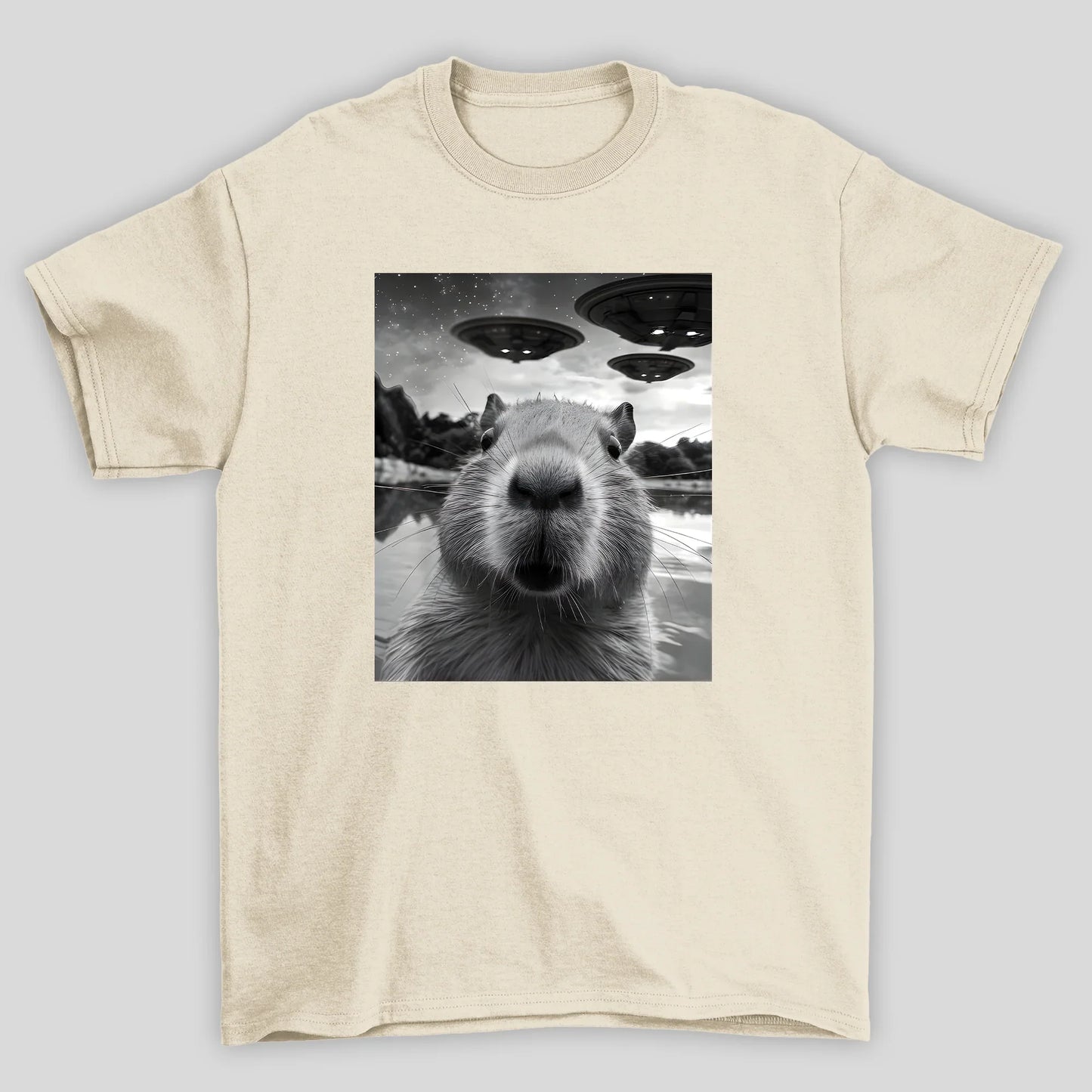 camiseta básica pérola estampada com capivara e ovnis