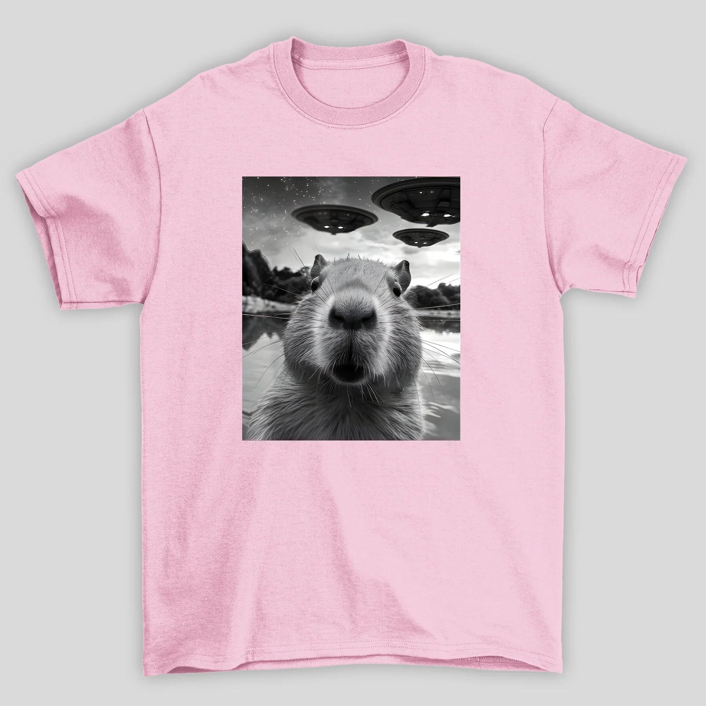 camiseta básica rosa bebê estampada com capivara e ovnis