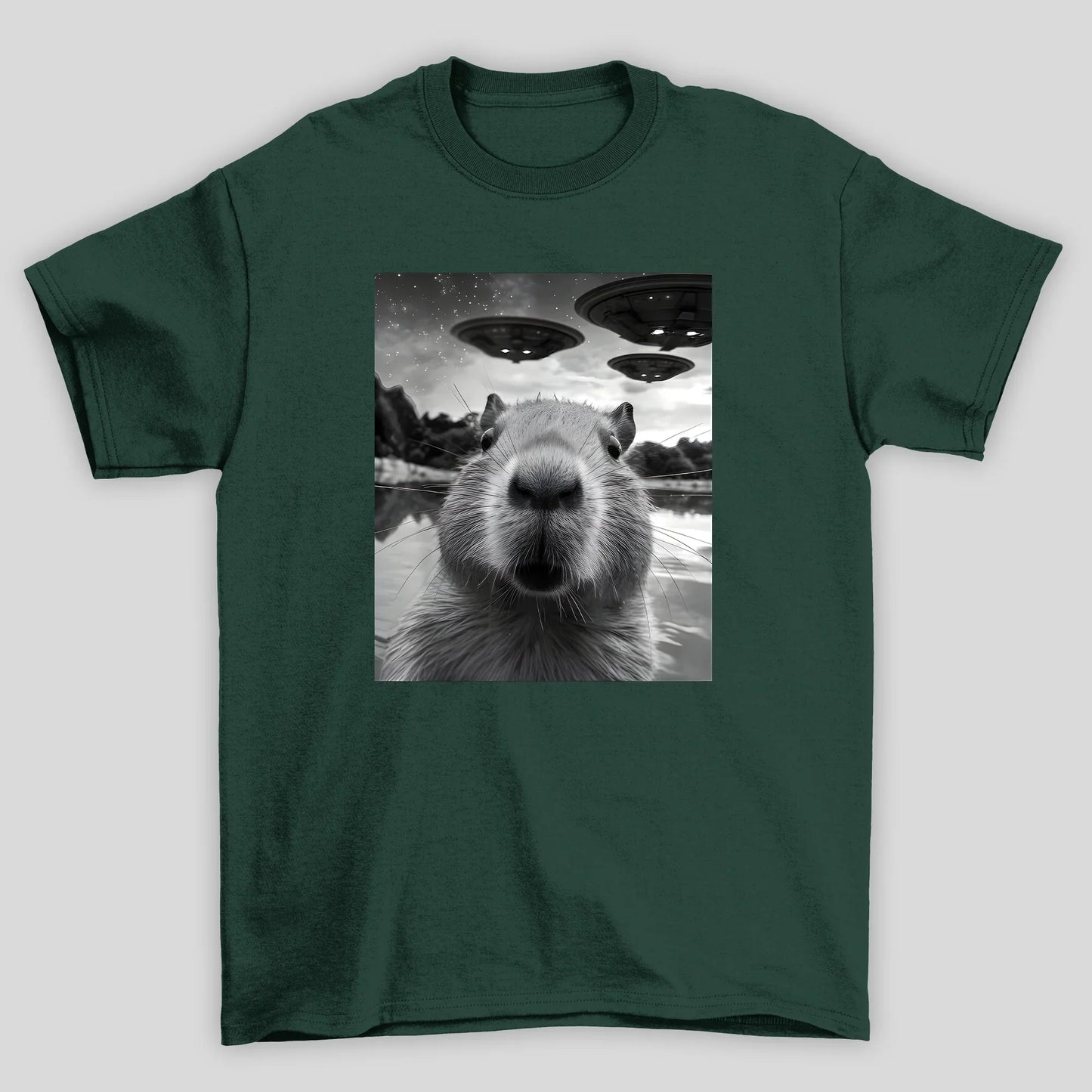 camiseta básica verde estampada com capivara e ovnis