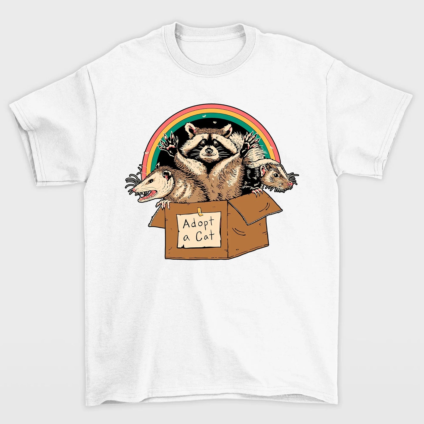 Camiseta Básica Feminina Com Estampa Guaxinim Na Caixa- branco