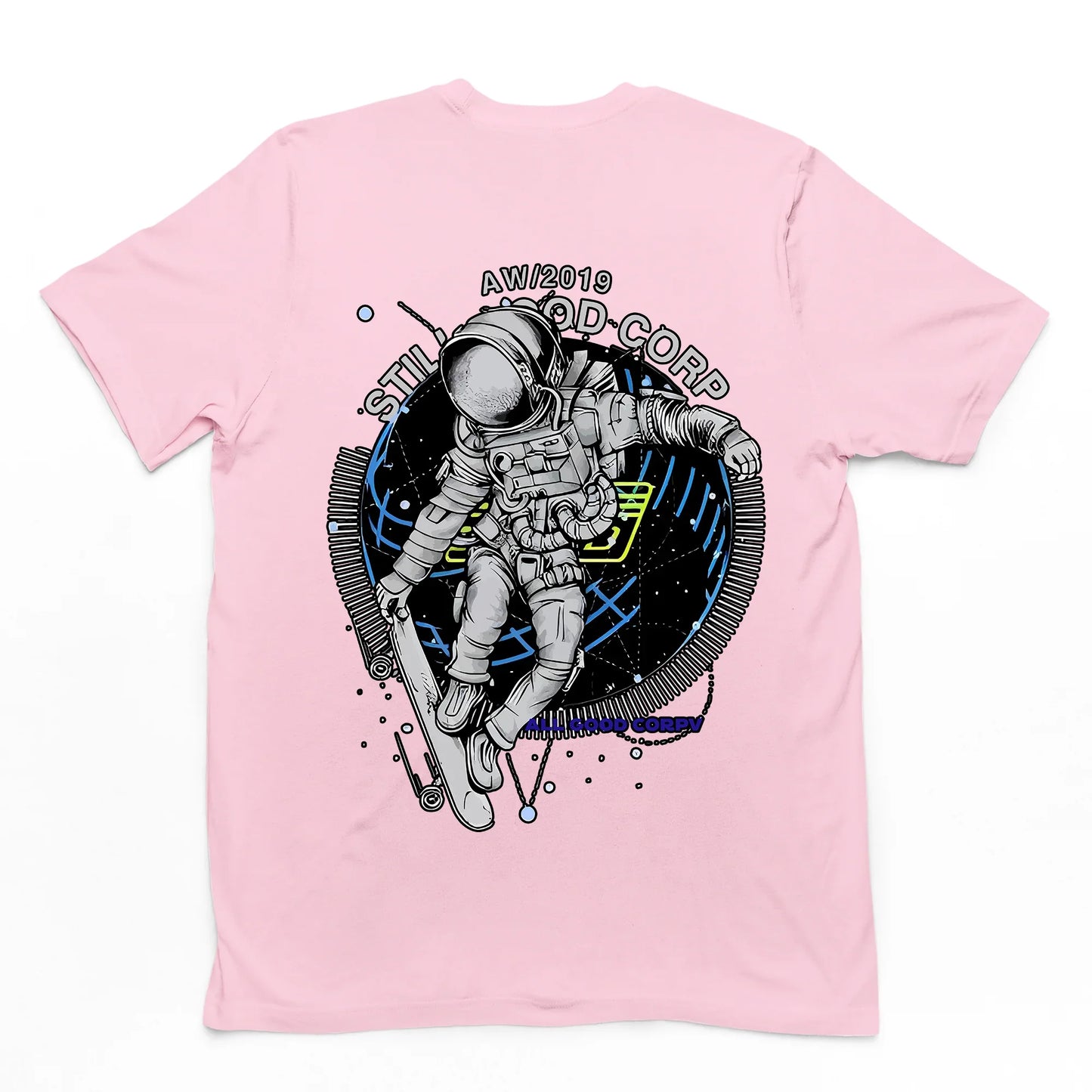 Camiseta Básica Algodão Astronauta Andando de Skate- Rosa bebe