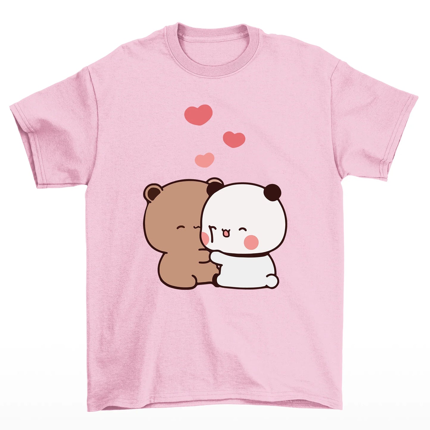 camiseta básica rosa bebê estampa ursinhos se abraçando