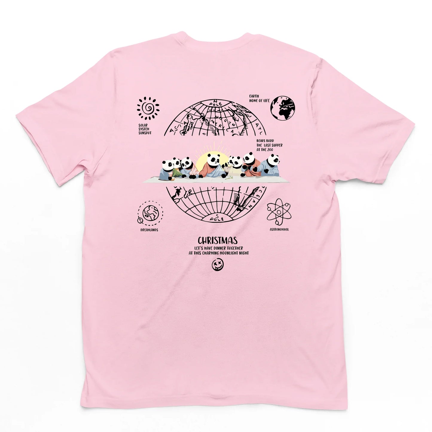 Camiseta rosa costas Básica Unissex Com Estampa Natal Jesus Panda - Rosa Bebê