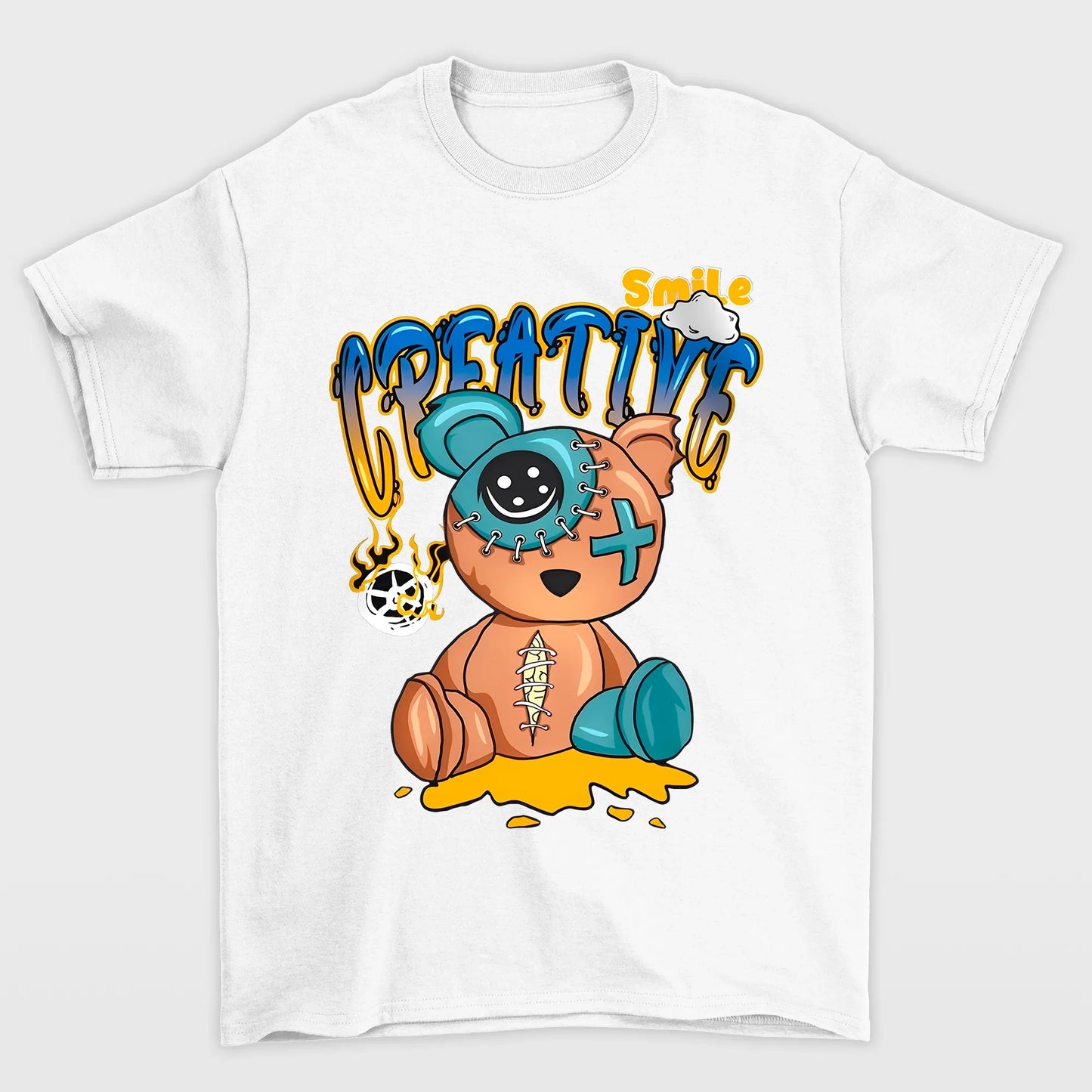 Camiseta Básica branca Unissex Com Estampa Ursinho Zombie - Branco