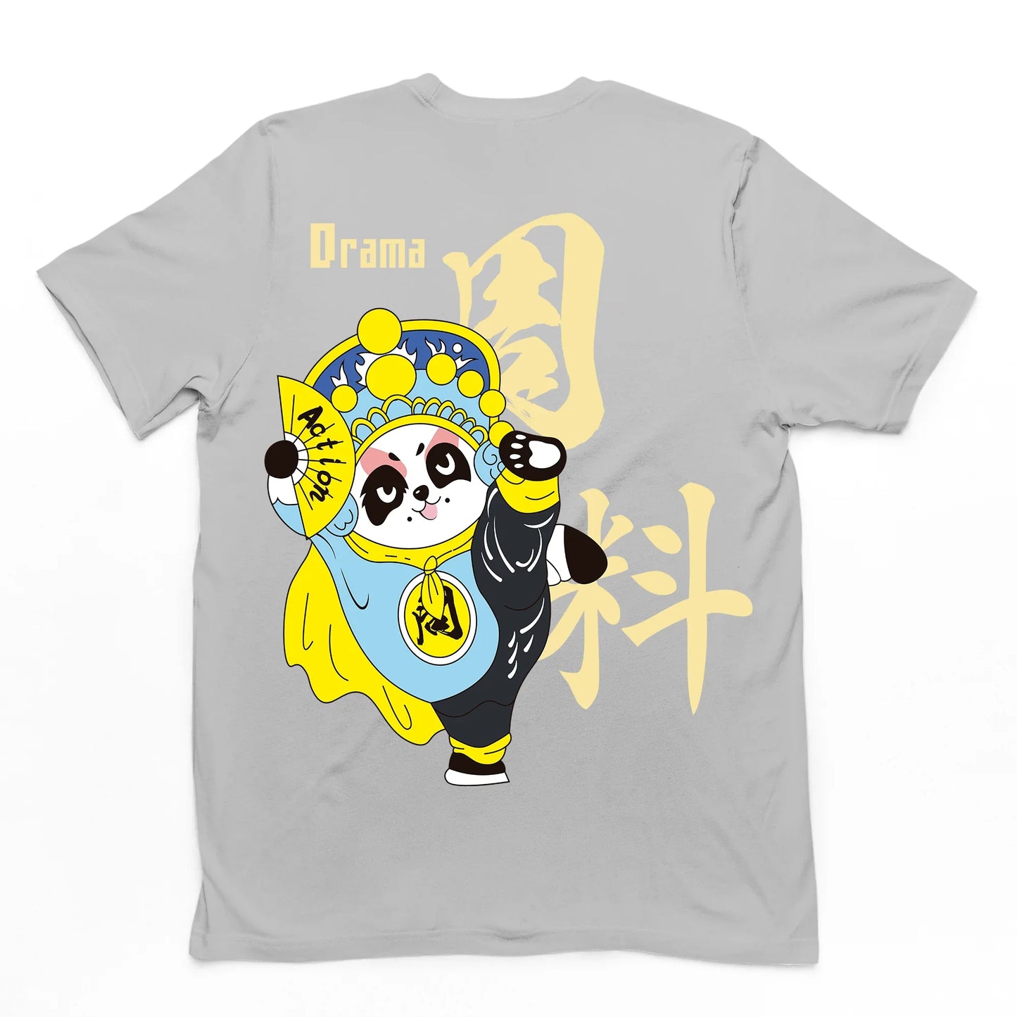 camiseta básica com estampa leque panda escrito drama em cima - Cinza