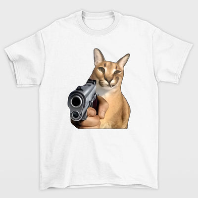 Camiseta básica com estampa gato segurando arma- Branco